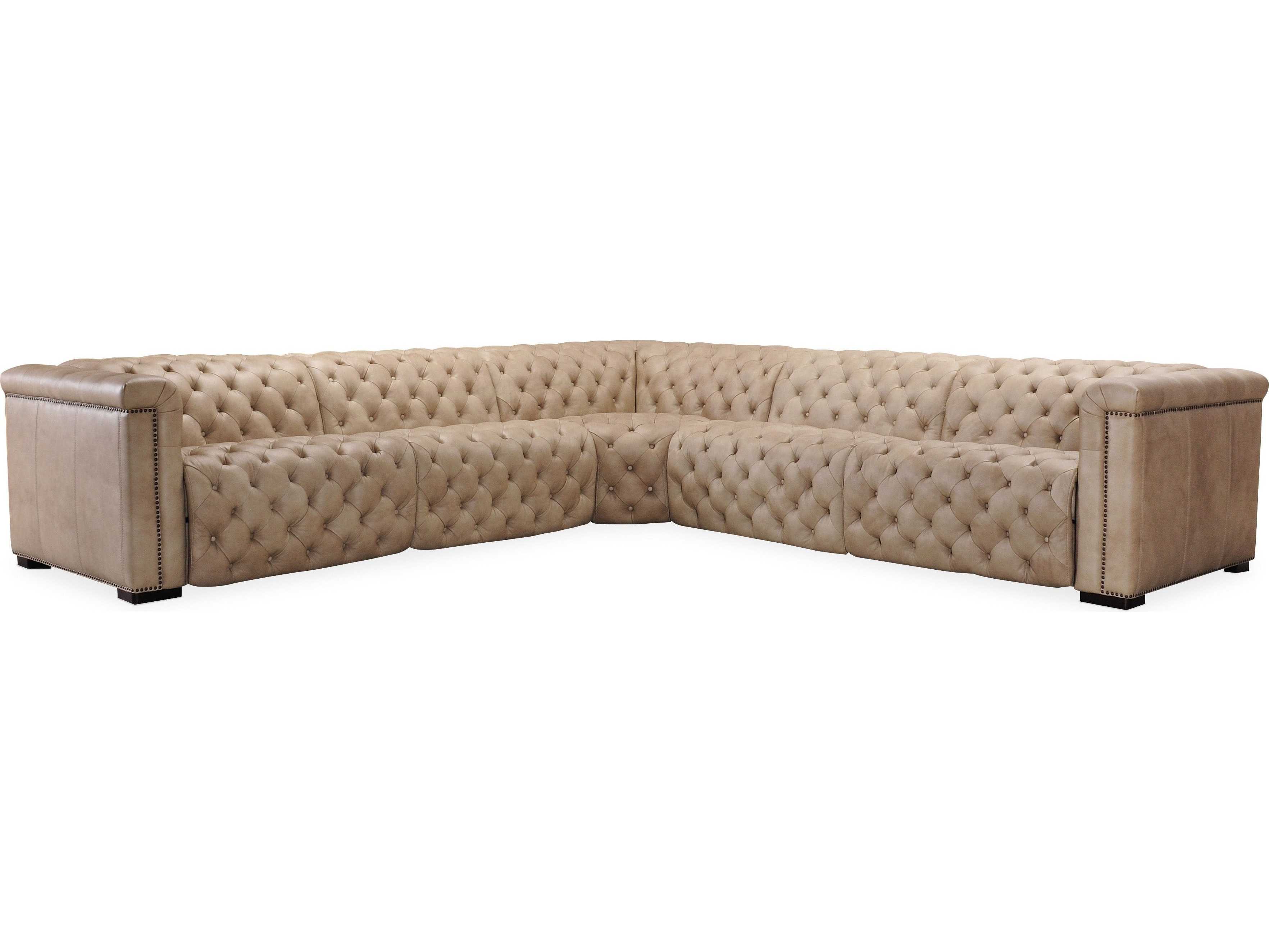 Hooker Furniture Savion Grandier 5-Piece Power Headrest Tufted Beige Leather Sectional Sofa with 2 Recliner