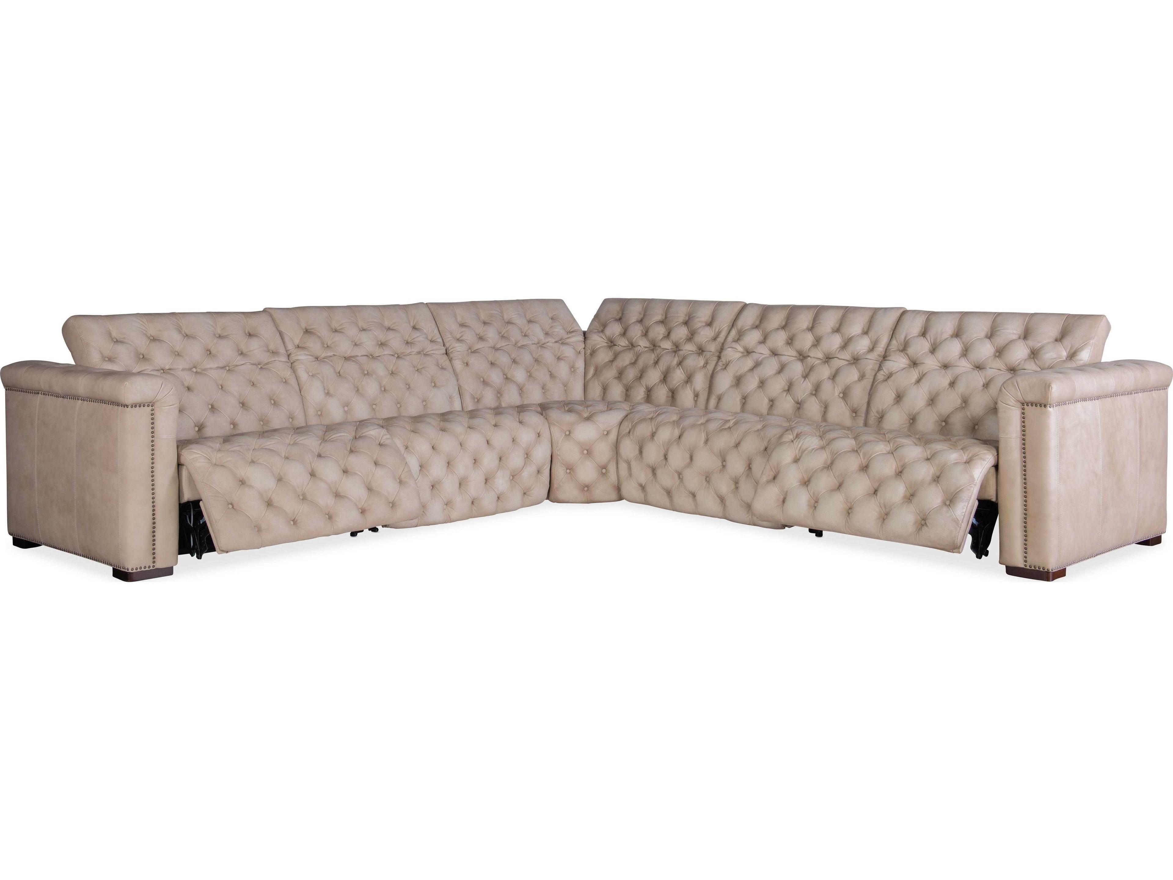 Hooker Furniture Savion Grandier 5-Piece Power Headrest Tufted Beige Leather Sectional Sofa with 2 Recliner