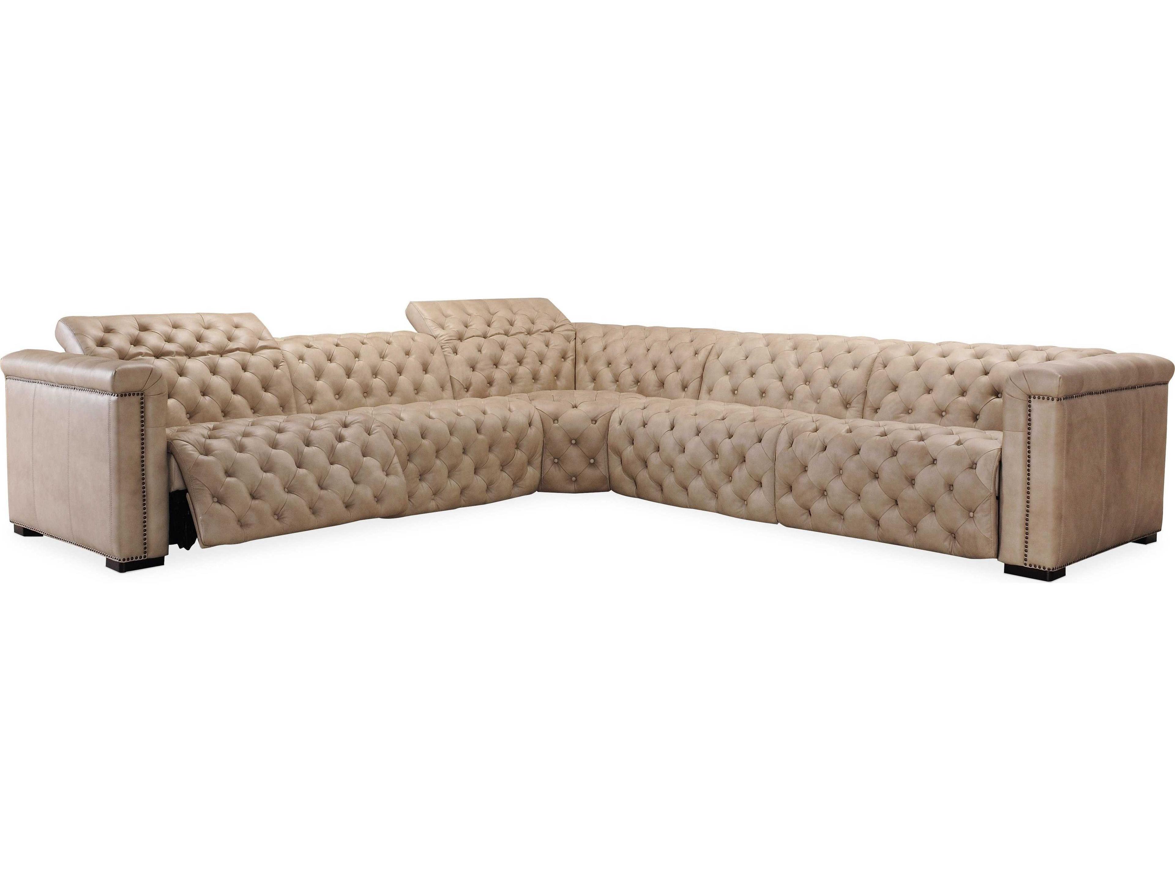 Hooker Furniture Savion Grandier 5-Piece Power Headrest Tufted Beige Leather Sectional Sofa with 2 Recliner