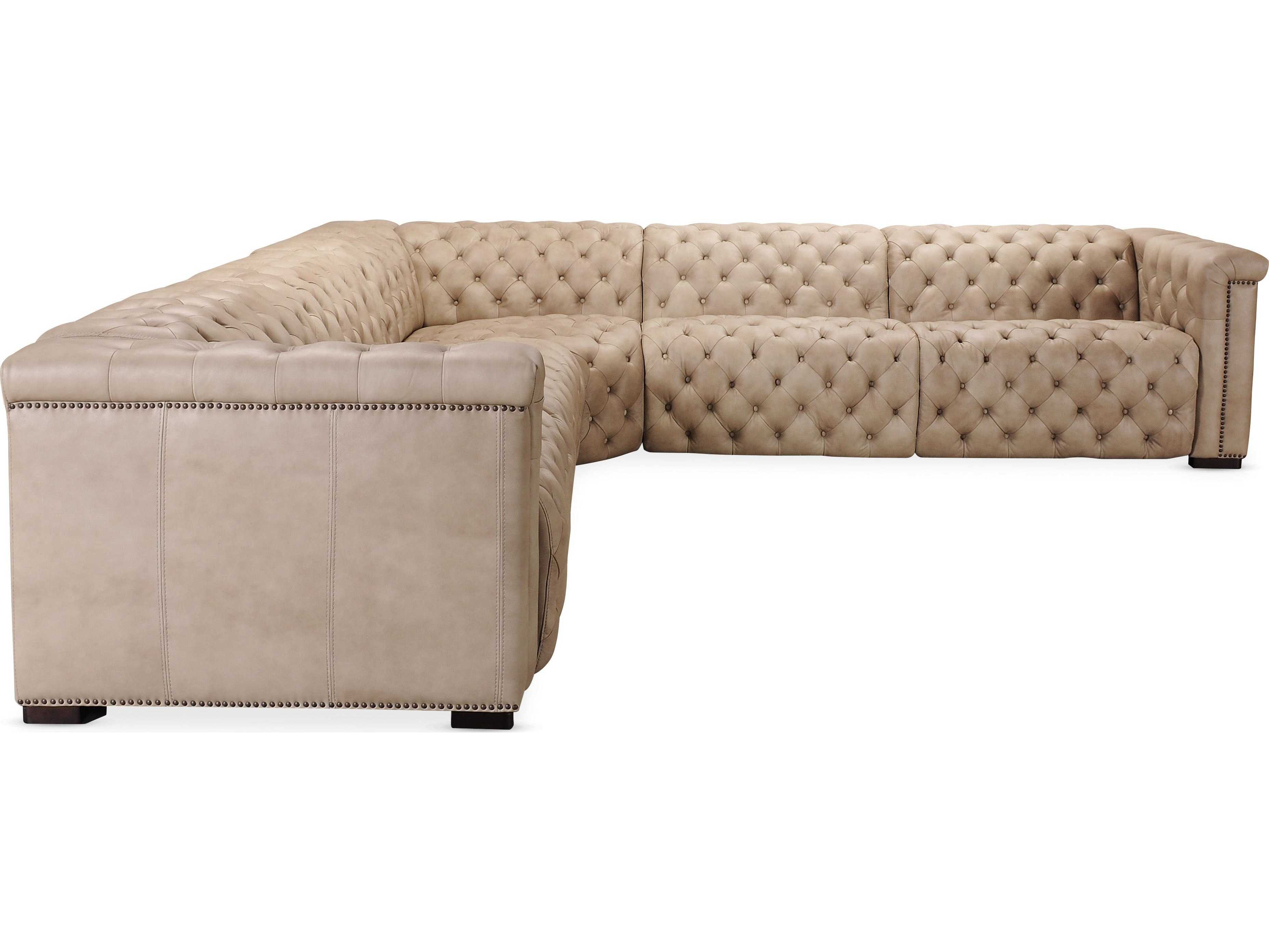 Hooker Furniture Savion Grandier 5-Piece Power Headrest Tufted Beige Leather Sectional Sofa with 2 Recliner