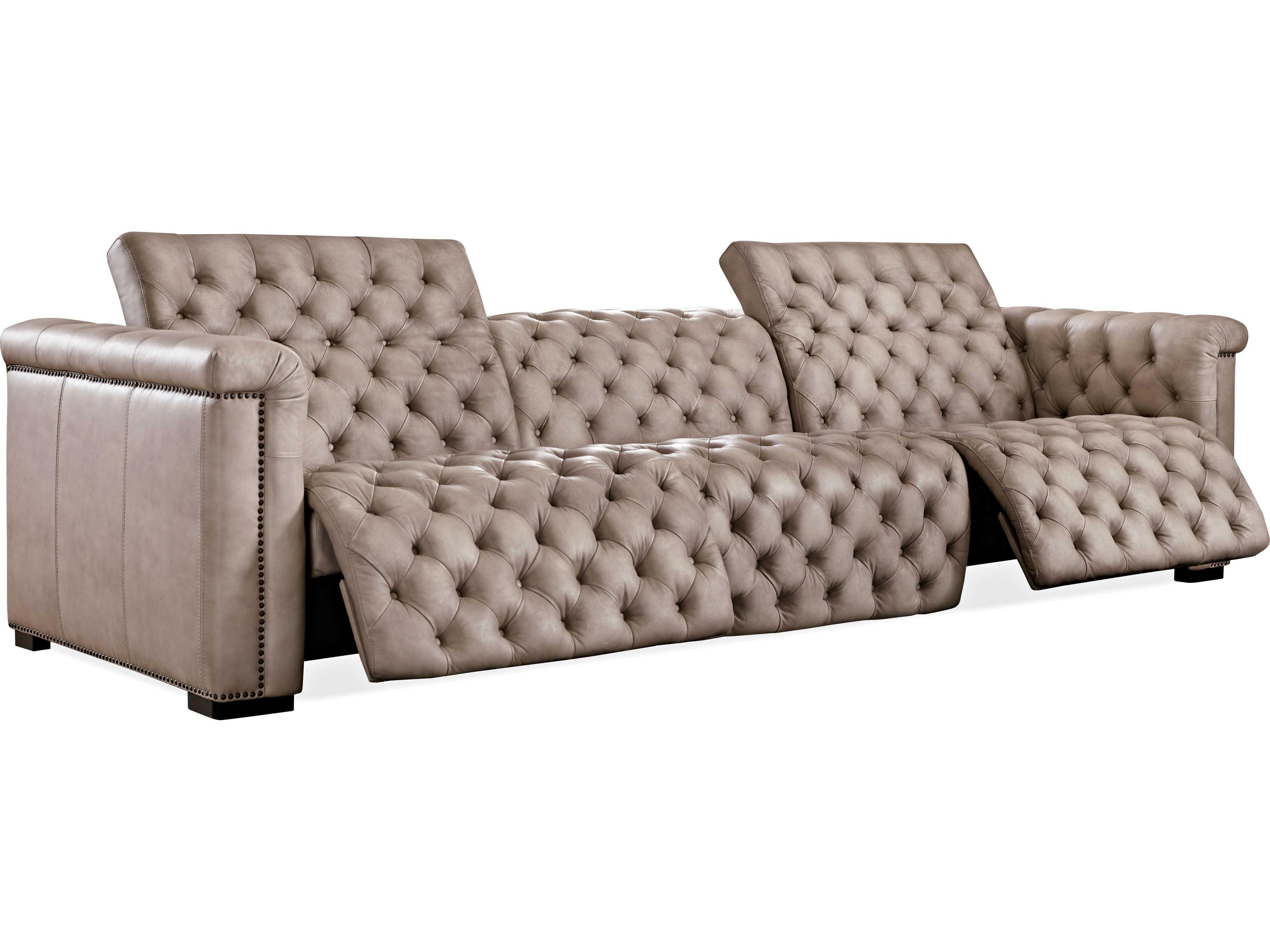 Luxecor Heritage Grandier Power Recliner Tufted Giovanni Taupe Dark Wood Beige Leather Sofa with Headrest