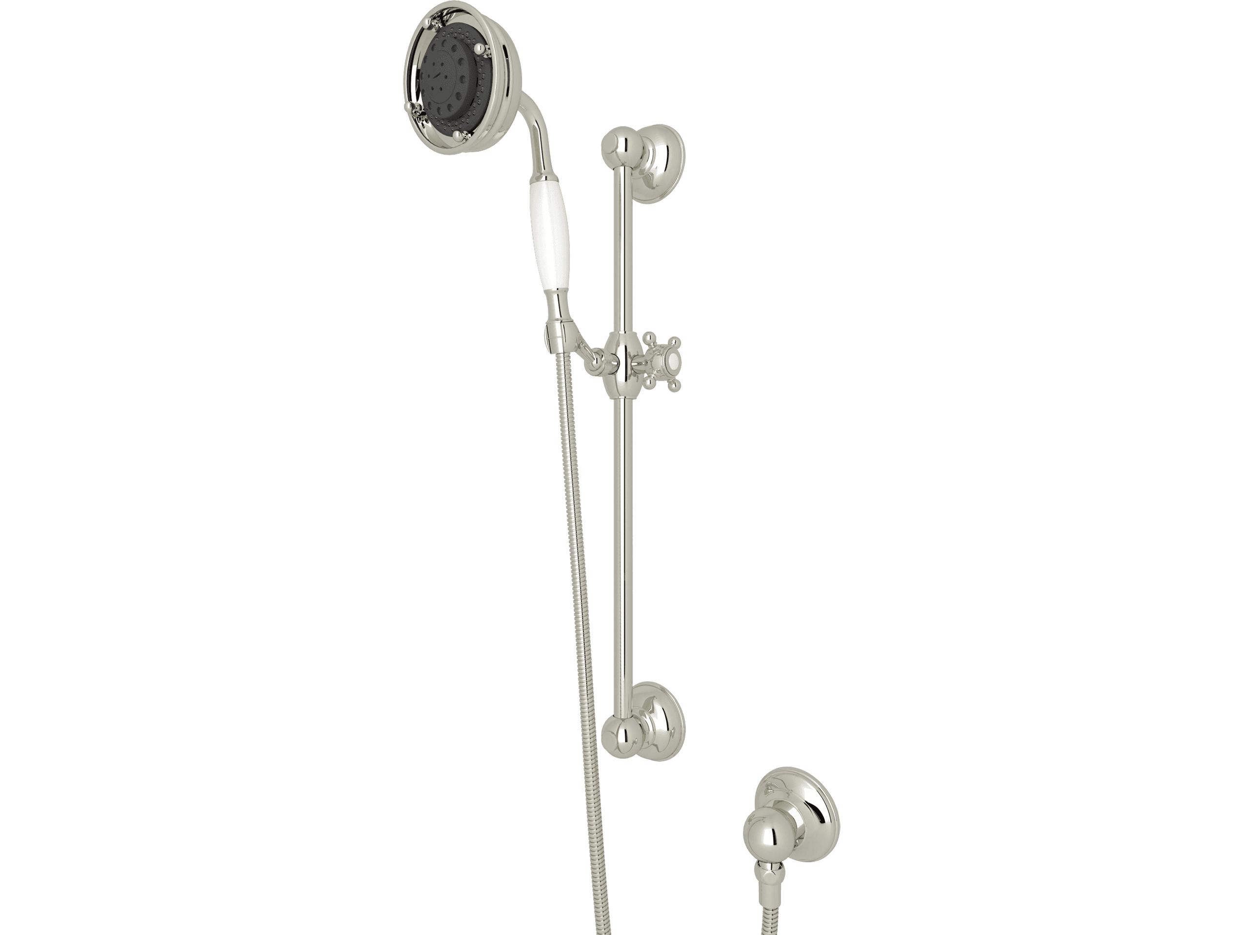 Rohl Handshower Set In Polished Nickel With The Rail, Handshower, Hose And Wall Outlet