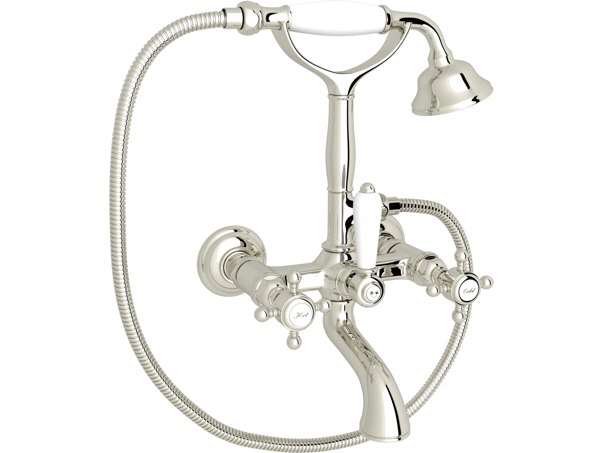 Rohl Italian Bath Exposed Wall Mounted Tub Shower Mixer In Polished Nickel With Porcelain Insert Handshower 