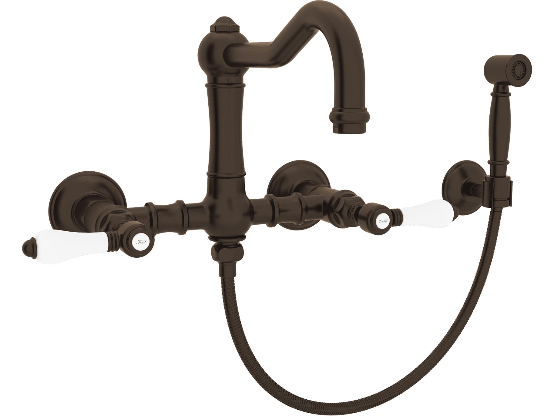 Rohl Acqui Italian Kitchen Wall Mounted Bridge Faucet With Sidespray Porcelain Levers And Swiveling Column Spout In Tuscan Brass