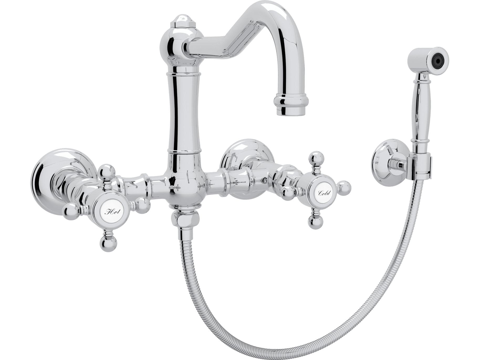 Rohl Acqui Italian Kitchen Wall Mounted Bridge Faucet With Sidespray Cross Handles And Swiveling Column Spout In Polished Chrome