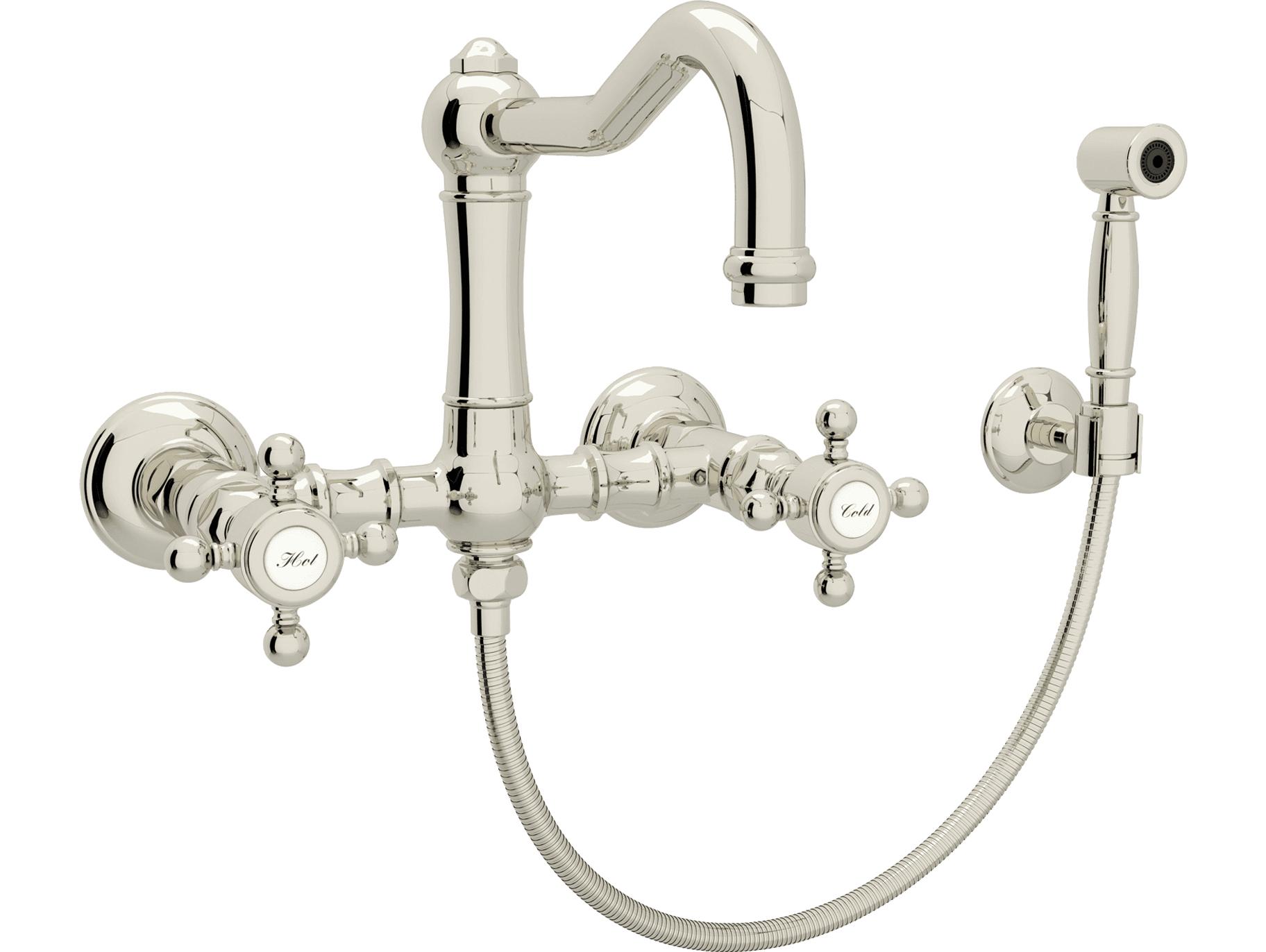 Rohl Acqui Italian Kitchen Wall Mounted Bridge Faucet With Sidespray Cross Handles And Swiveling Column Spout In Polished Nickel