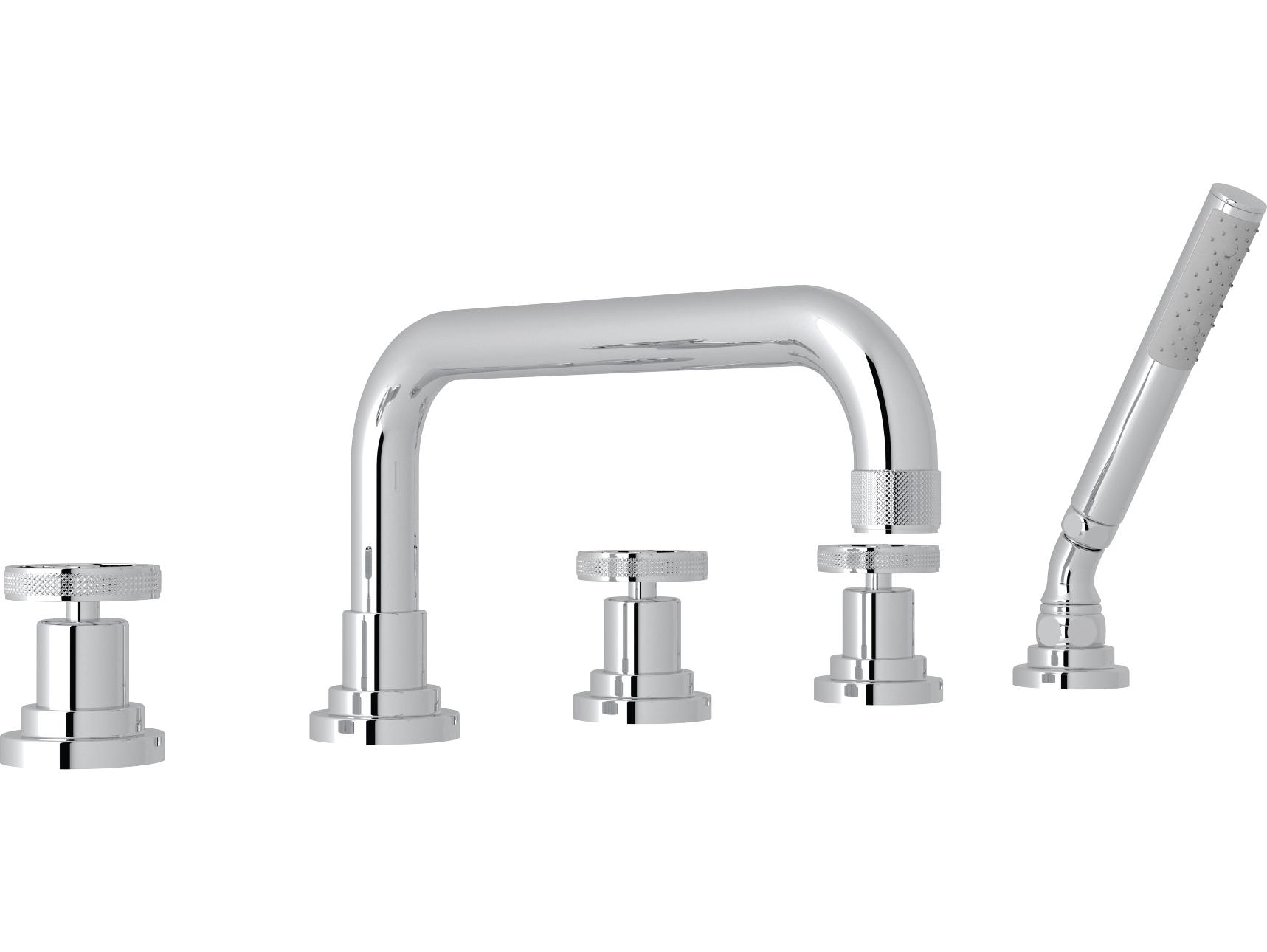 Rohl Campo Bath Five Hole Deck Mounted Tub Filler U Spout Diverter Single Function Brass Handshower And 1/2 Npt Connectors
