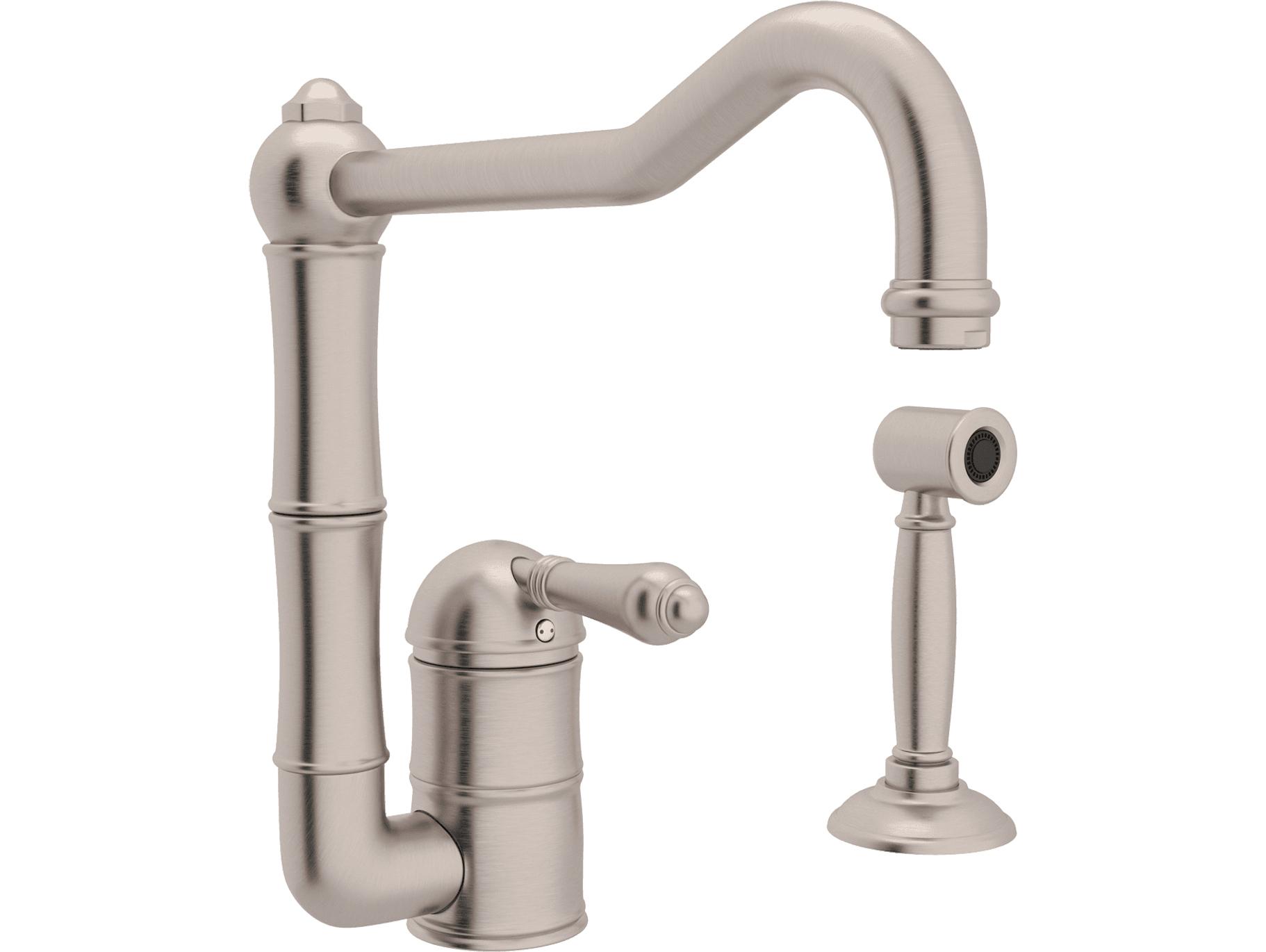 Rohl Acqui Italian Kitchen Single Hole Faucet In Satin Nickel With Single Metal Lever Sidespray And Column Spout