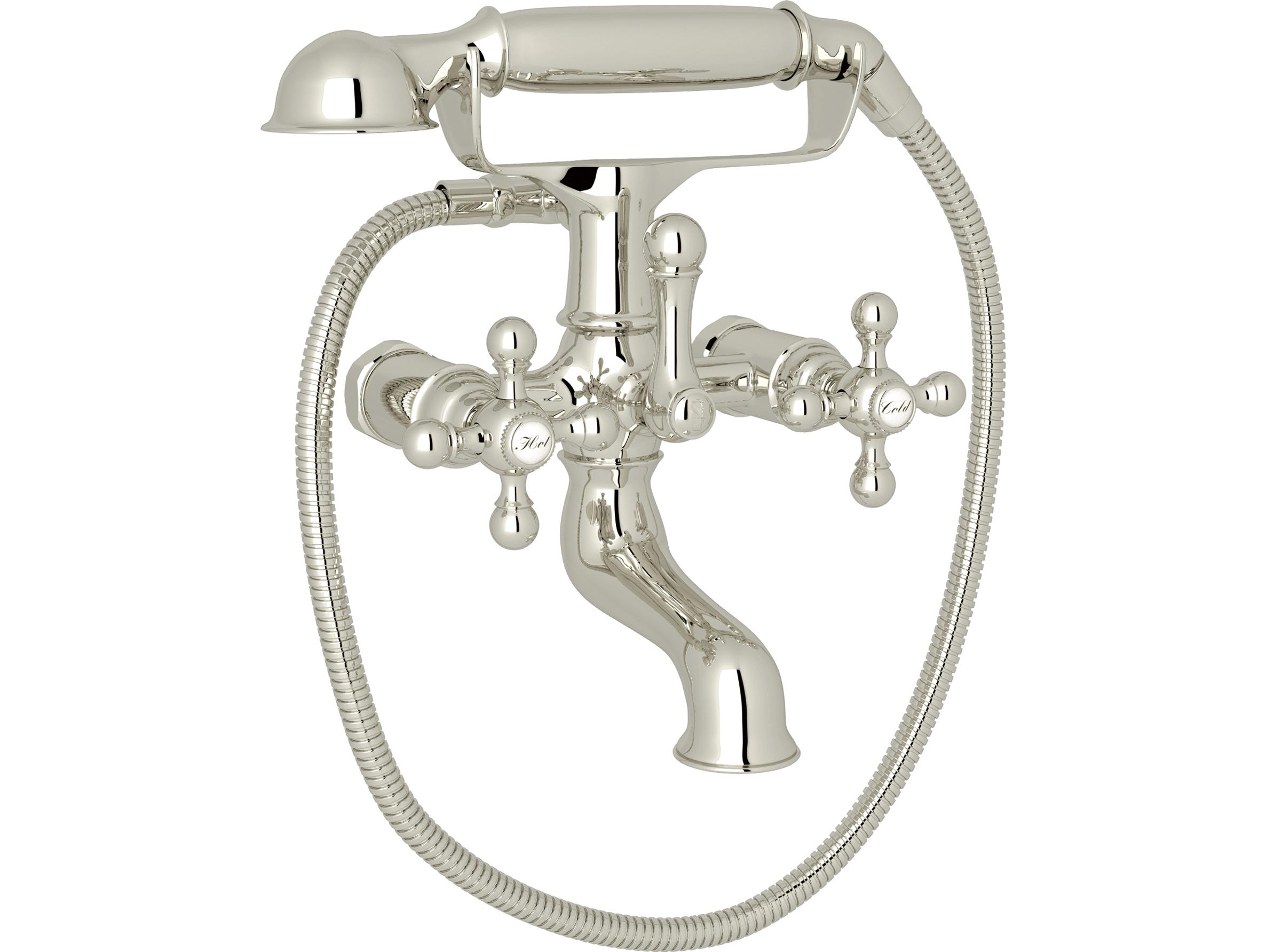 Rohl Arcana Cisal Exposed Tub Filler Mixer Without Unions In Polished Nickel With Handles And Metal Handshower With Hose