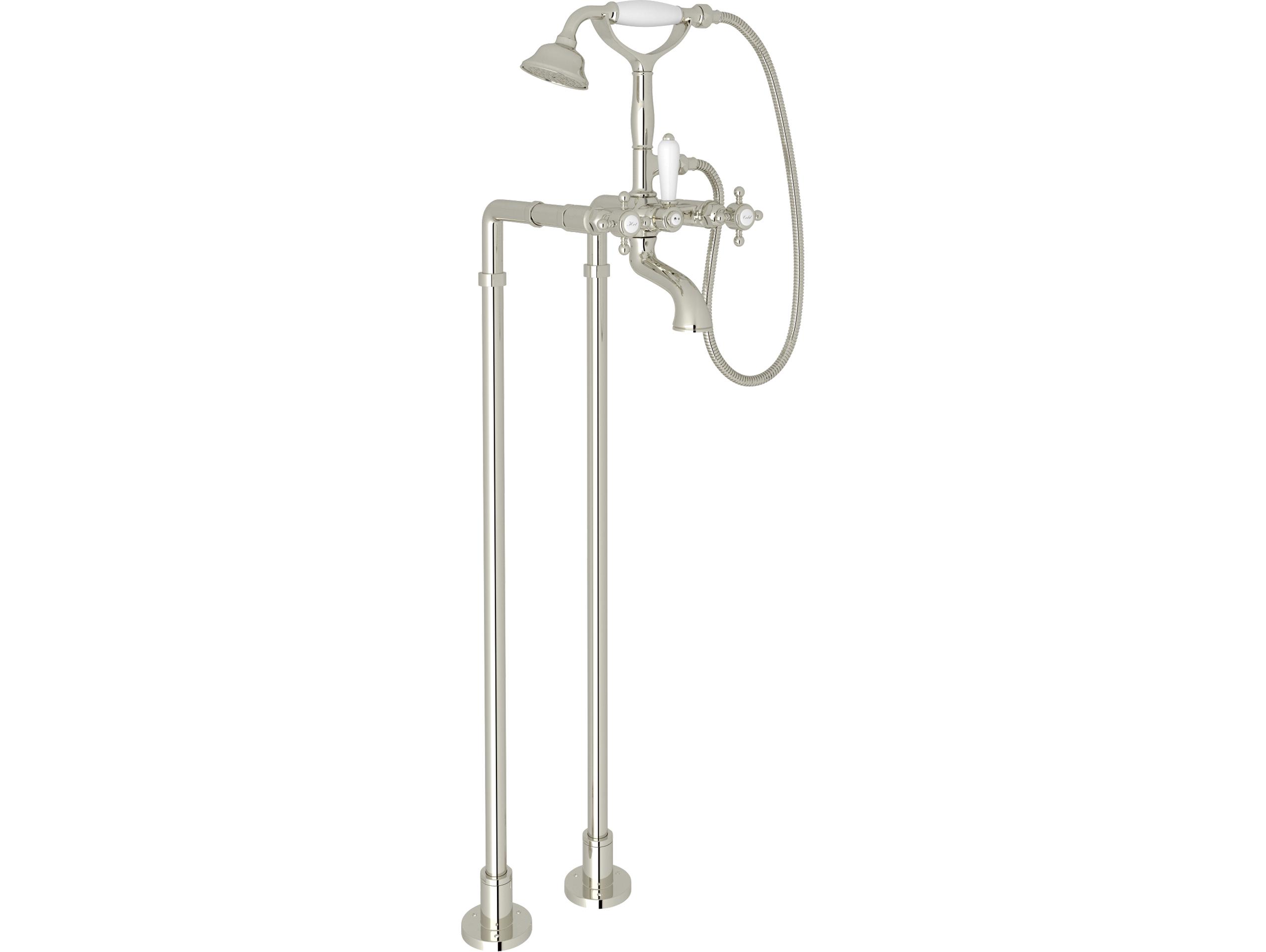 Rohl Acqui Kit Floor Mounted Exposed Tub Shower Mixer Package In Polished Nickel With Porcelain Insert Handshower