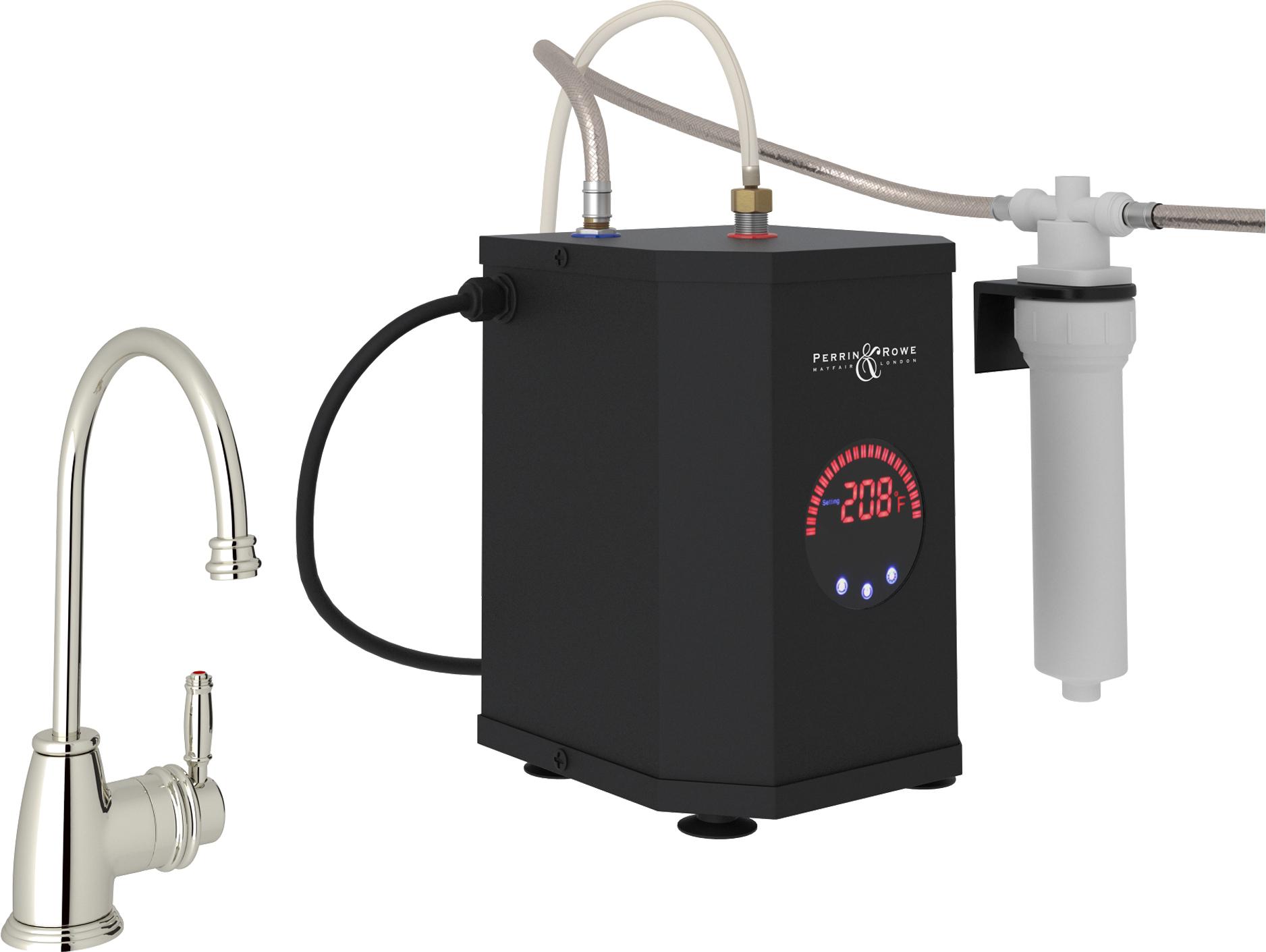 Rohl Gotham Polished Nickel Kit Kitchen Hot Water Dispenser Faucet With Single Lever And C Spout With Hot Water Tank And Filter