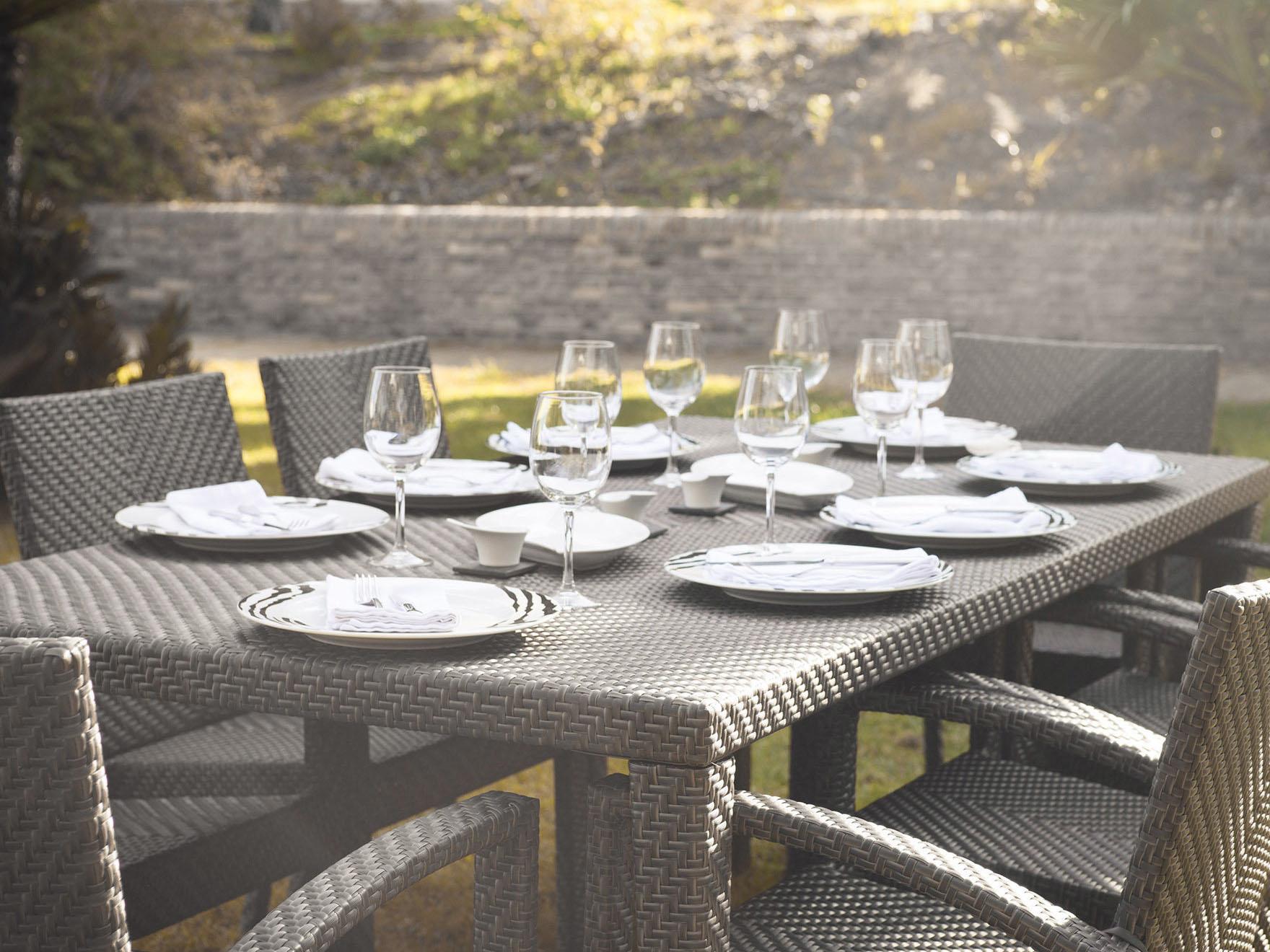 Hospitality Rattan Outdoor Soho Java Brown Wicker 9 Piece Dining Set with Cushions