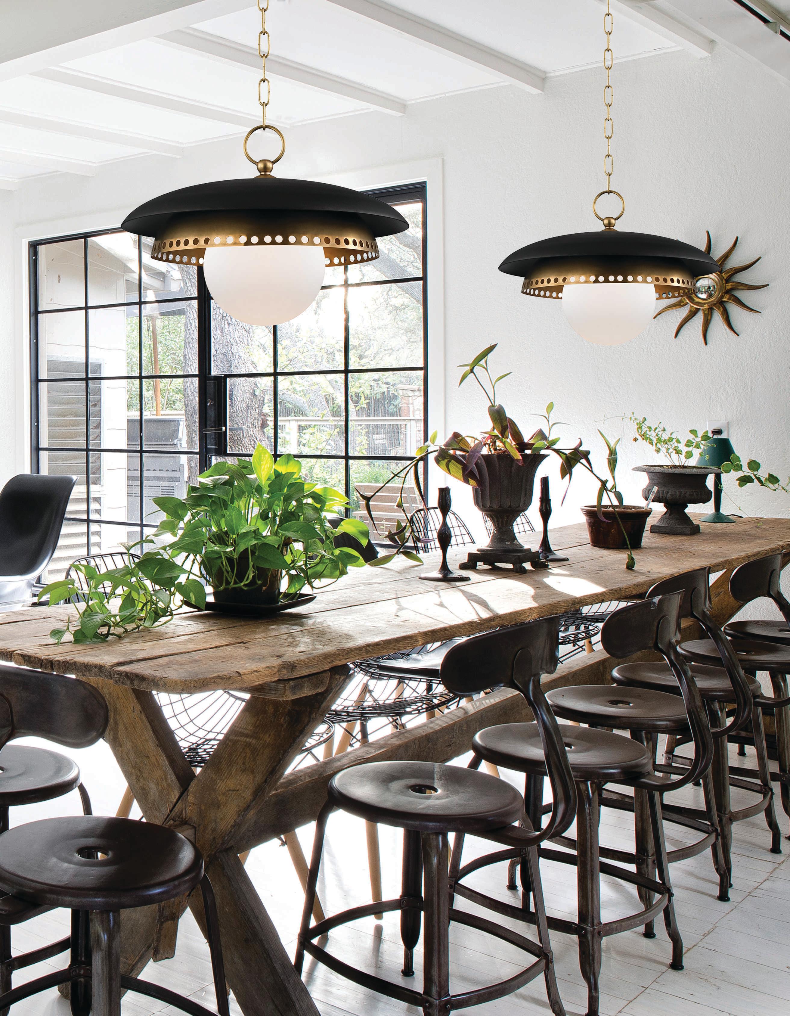 Hudson Valley Herkimer 1-Light Aged Brass Black Glass Globe Round Pendant