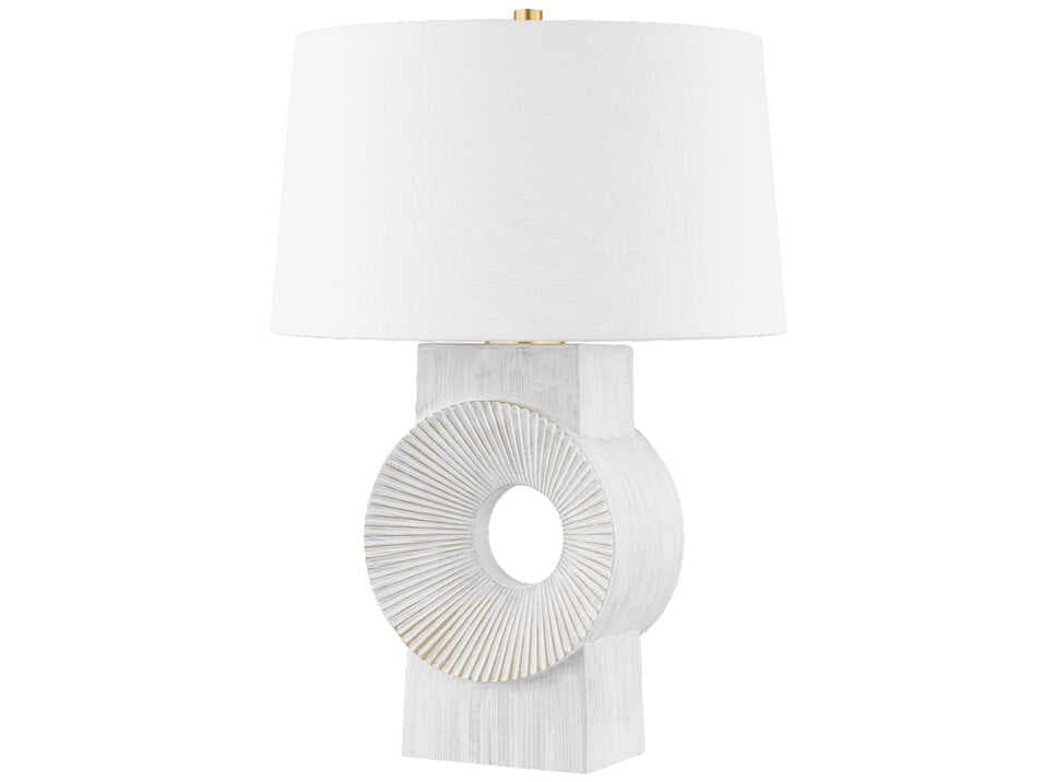 Hudson Valley Milner Aged Brass Whitewash Ceramic White Linen Buffet Lamp