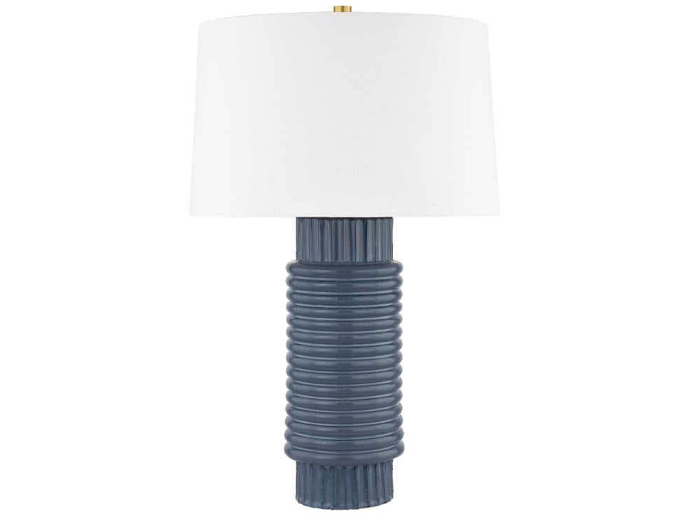 Hudson Valley Broderick Aged Brass Grey Blue Reactive Ceramic White Linen Buffet Lamp