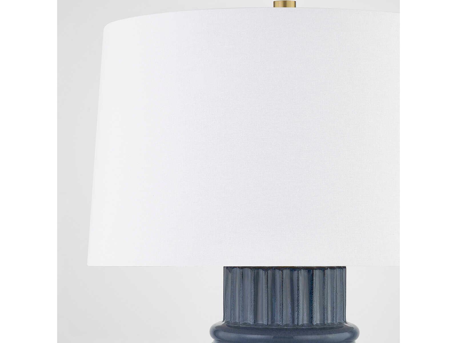 Hudson Valley Broderick Aged Brass Grey Blue Reactive Ceramic White Linen Buffet Lamp