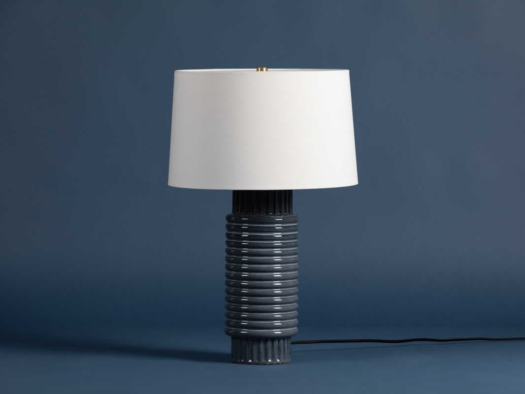 Hudson Valley Broderick Aged Brass Grey Blue Reactive Ceramic White Linen Buffet Lamp