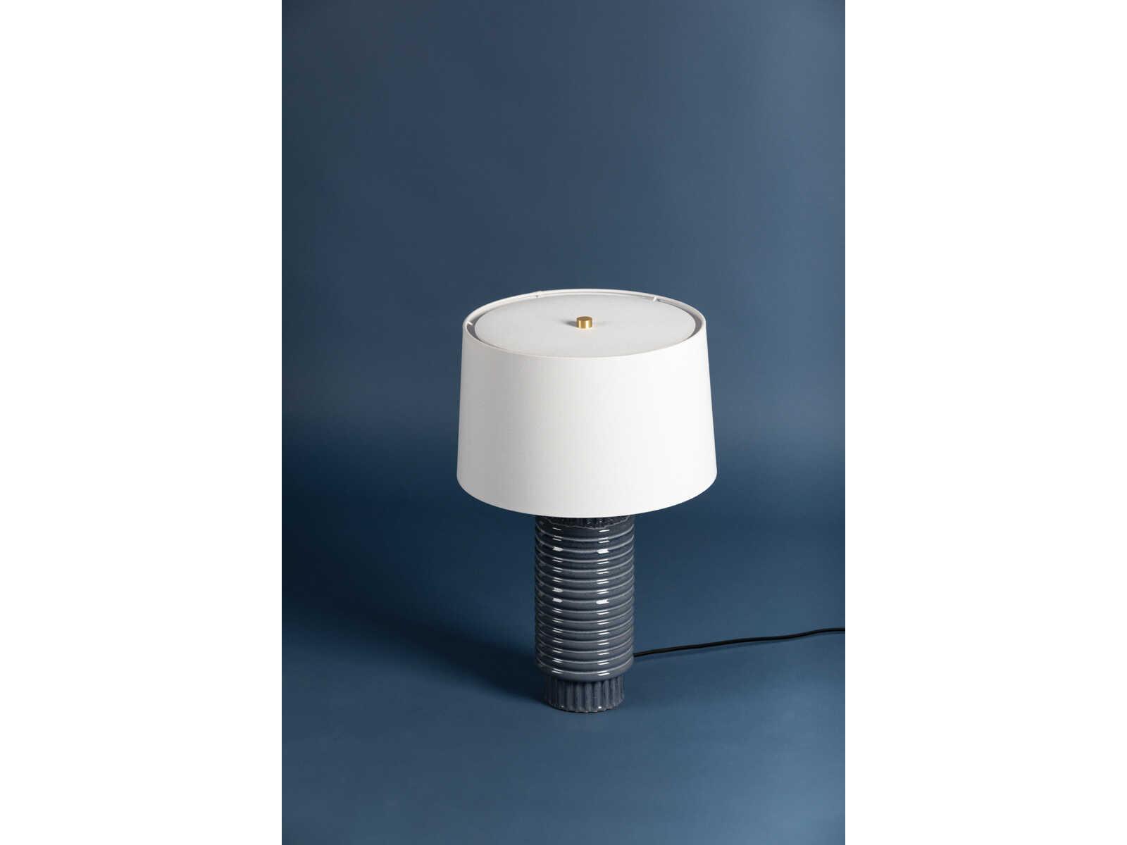 Hudson Valley Broderick Aged Brass Grey Blue Reactive Ceramic White Linen Buffet Lamp