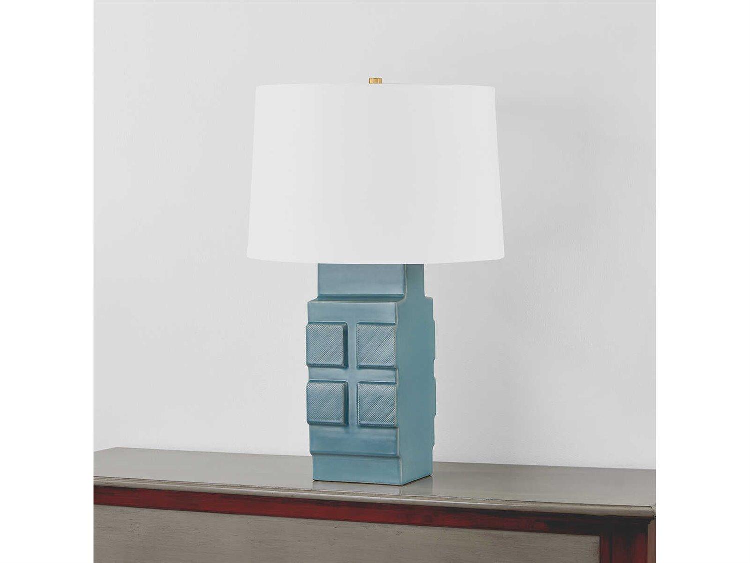 Hudson Valley Sarai Aged Brass Ceramic Moonstone Granite White Linen Blue Buffet Lamp