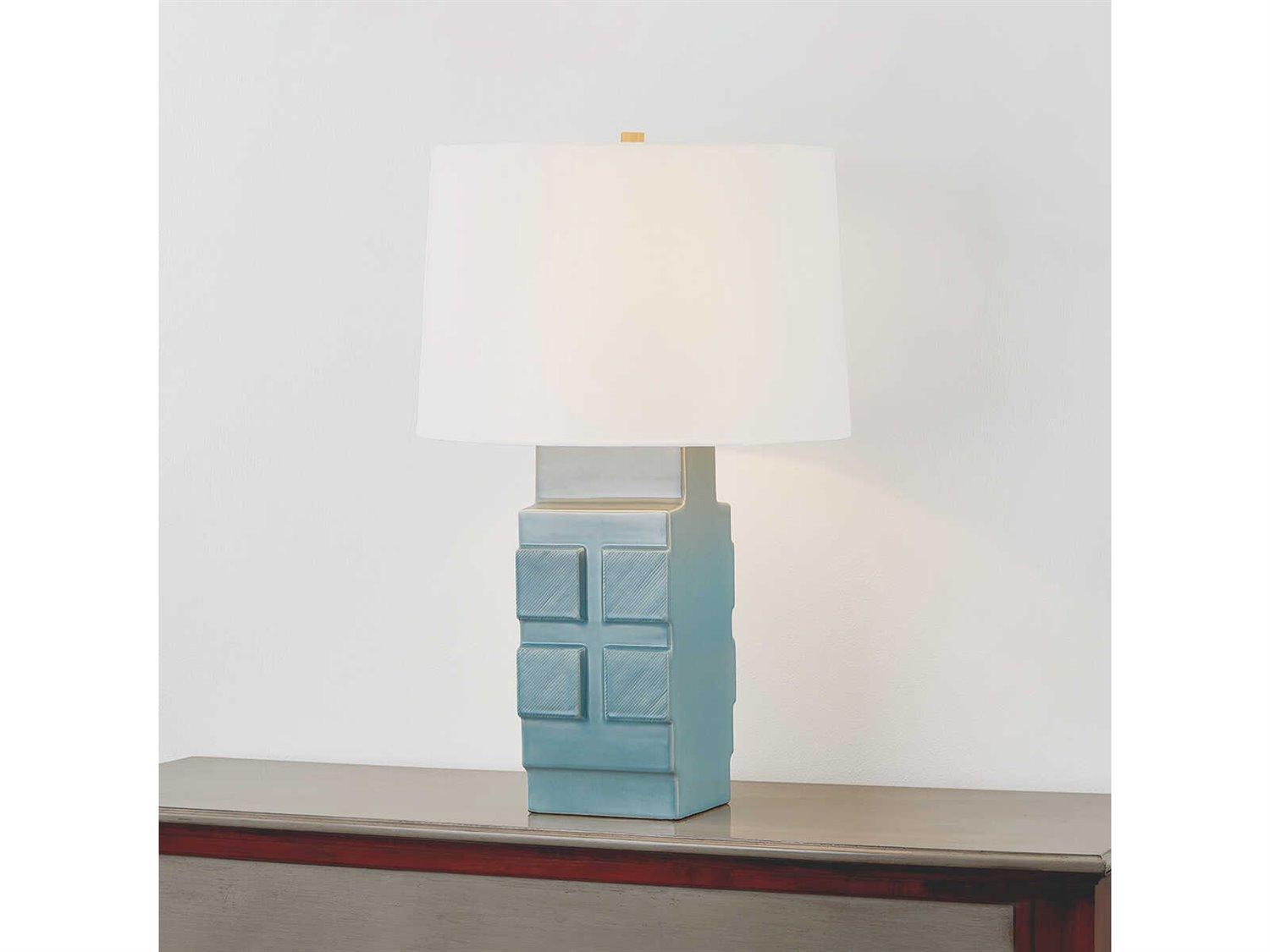 Hudson Valley Sarai Aged Brass Ceramic Moonstone Granite White Linen Blue Buffet Lamp