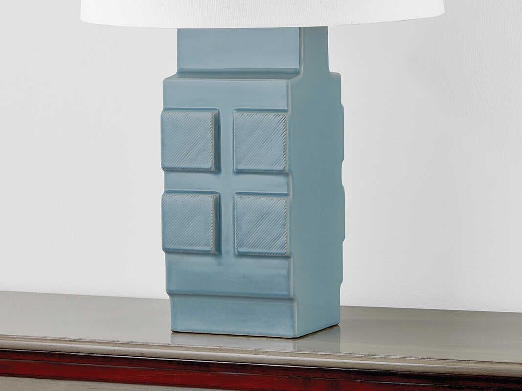 Hudson Valley Sarai Aged Brass Ceramic Moonstone Granite White Linen Blue Buffet Lamp