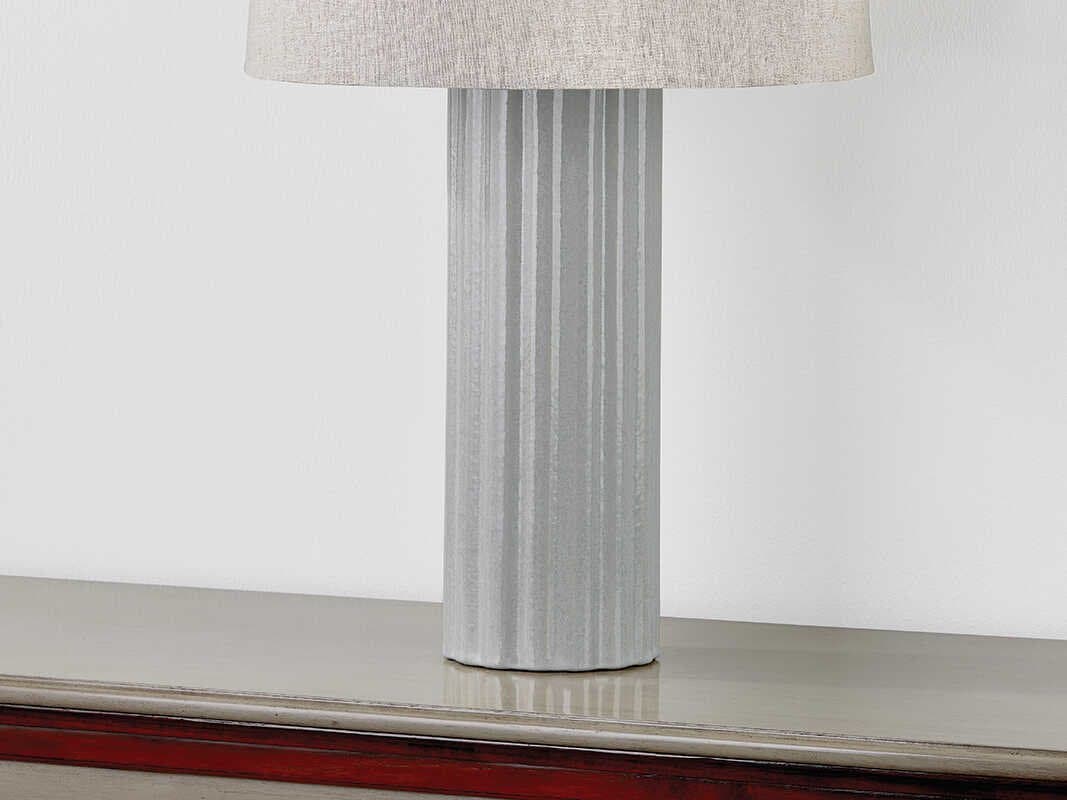Hudson Valley Manchester Aged Brass Ceramic Shell Grey Natural Linen Fabric Buffet Lamp