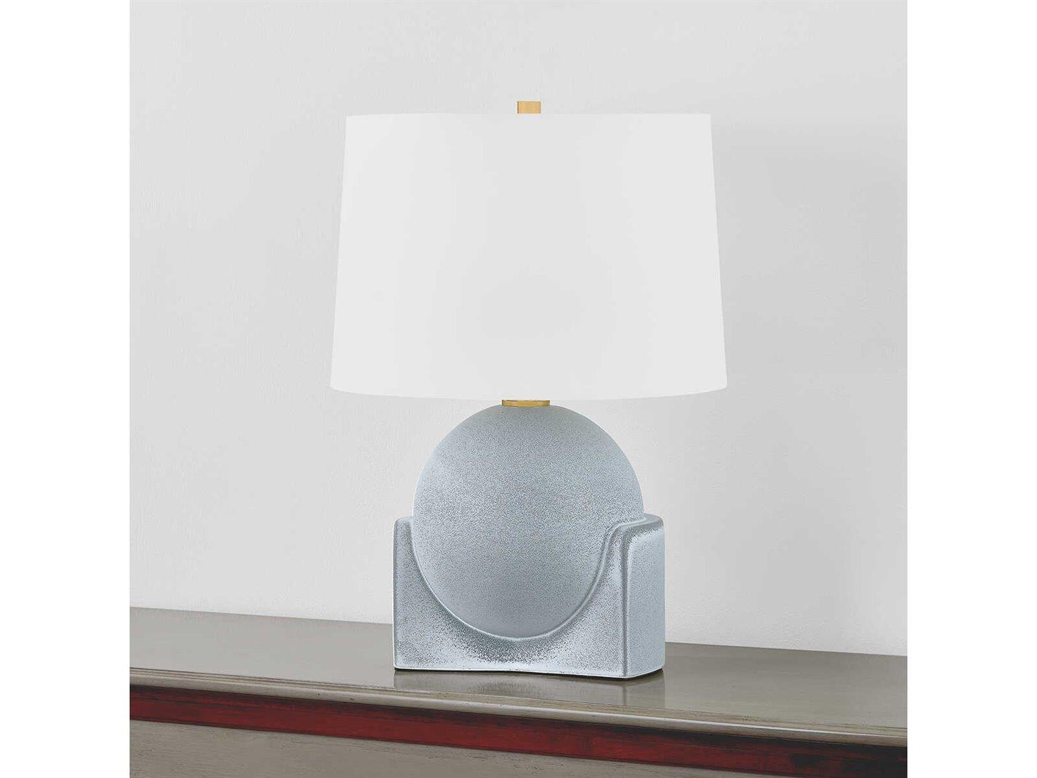 Hudson Valley Leeston Aged Brass Ceramic Reactive Slate White Linen Table Lamp