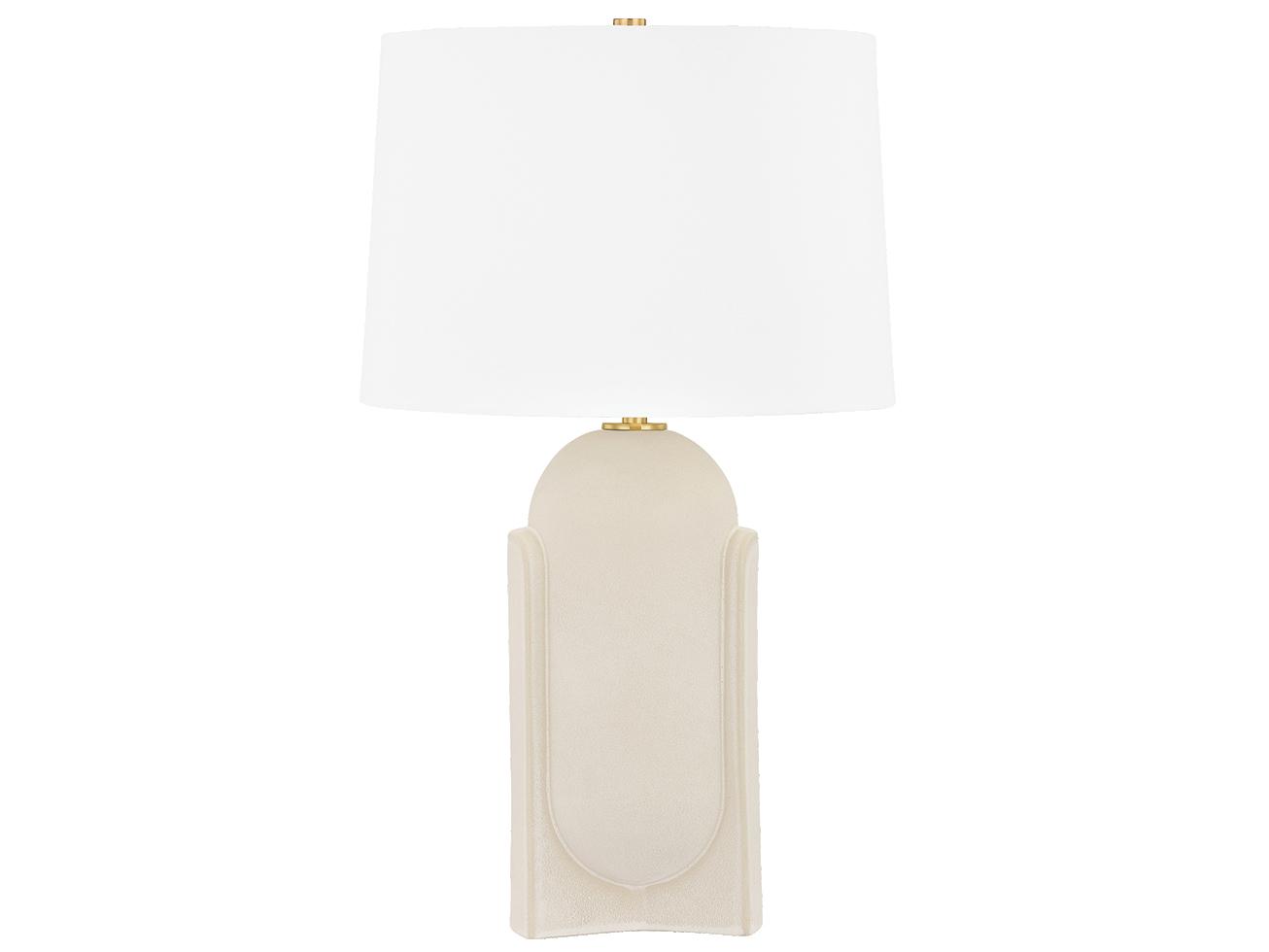 Hudson Valley Leeston Aged Brass Ceramic Moonstone Sand White Linen Off Buffet Lamp