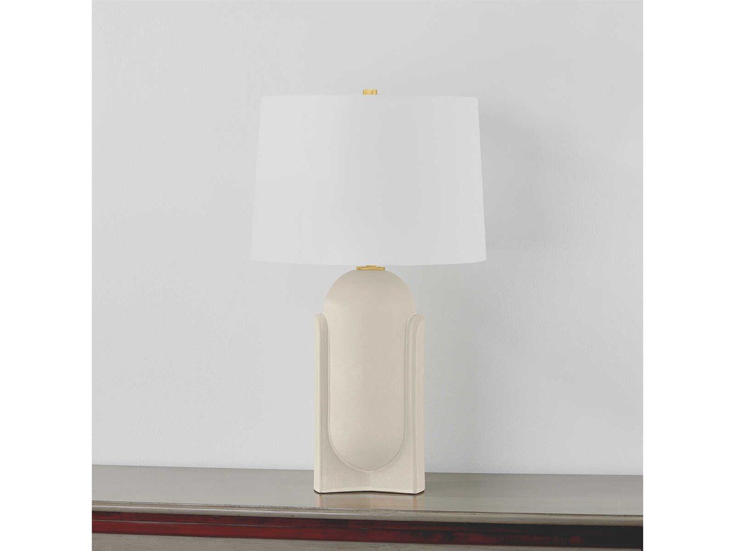 Hudson Valley Leeston Aged Brass Ceramic Moonstone Sand White Linen Off Buffet Lamp