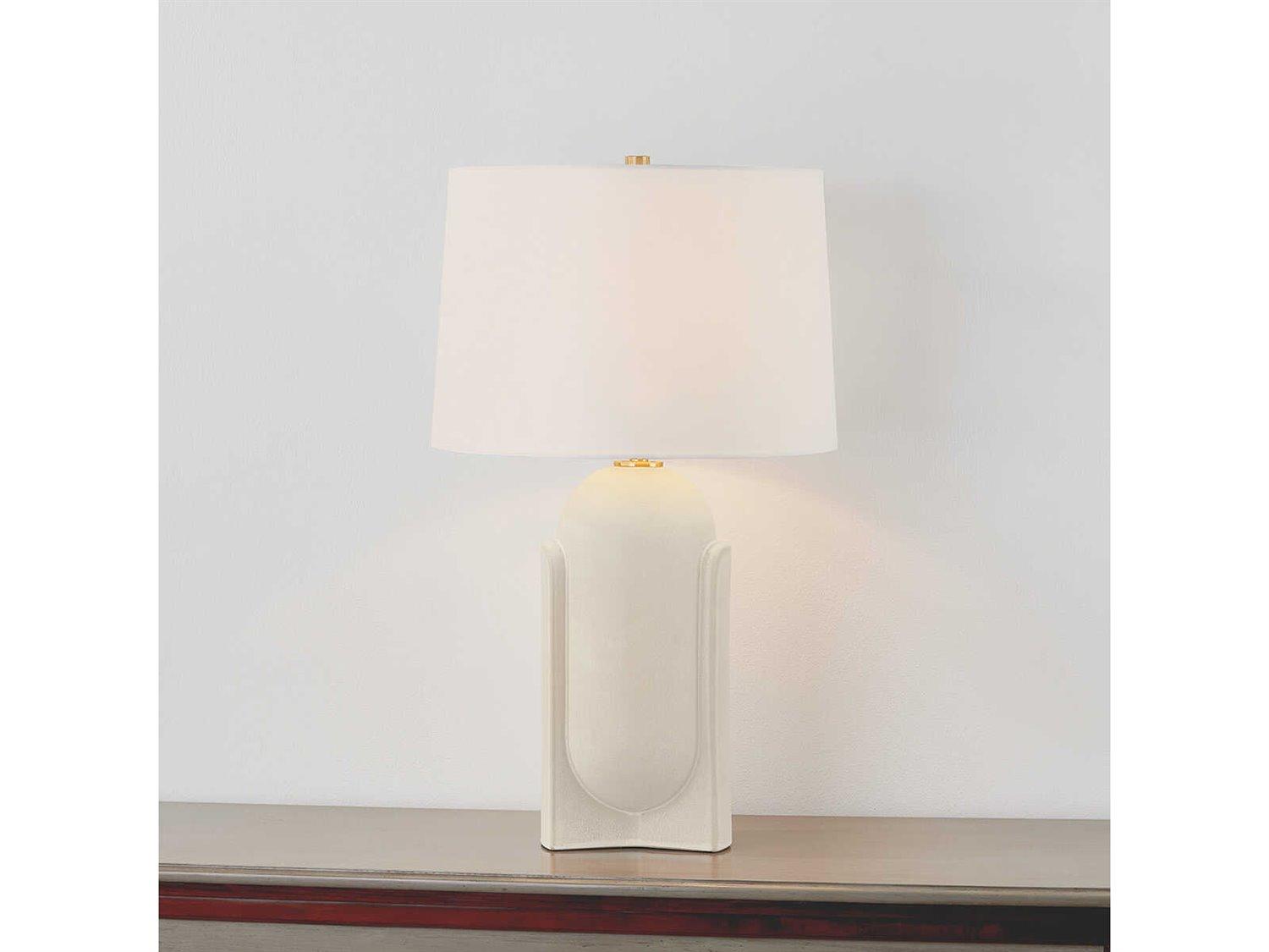 Hudson Valley Leeston Aged Brass Ceramic Moonstone Sand White Linen Off Buffet Lamp