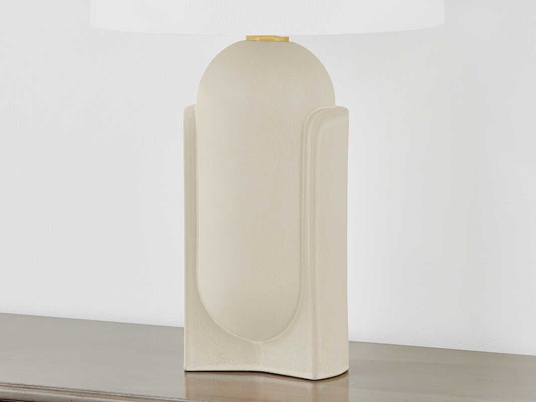 Hudson Valley Leeston Aged Brass Ceramic Moonstone Sand White Linen Off Buffet Lamp