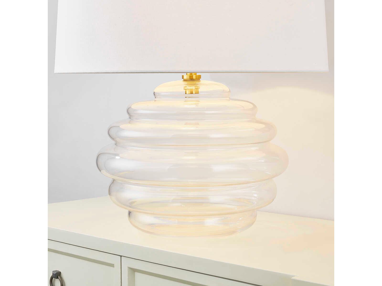 Hudson Valley Oshawa Aged Brass White Linen Clear Table Lamp