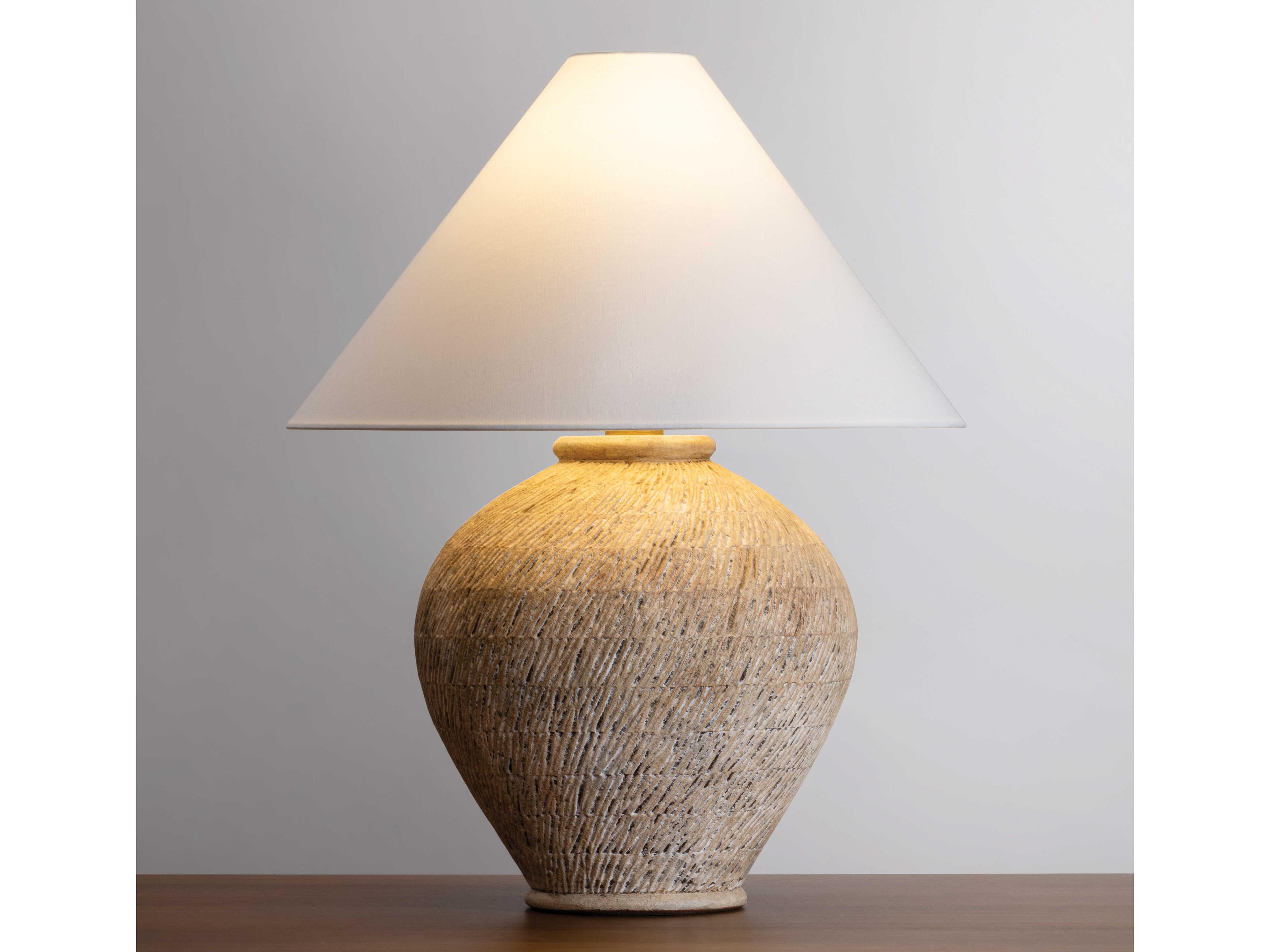 Hudson Valley Rumbrook Aged Brass Ceramic Ancient Texture White Linen Brown Buffet Lamp
