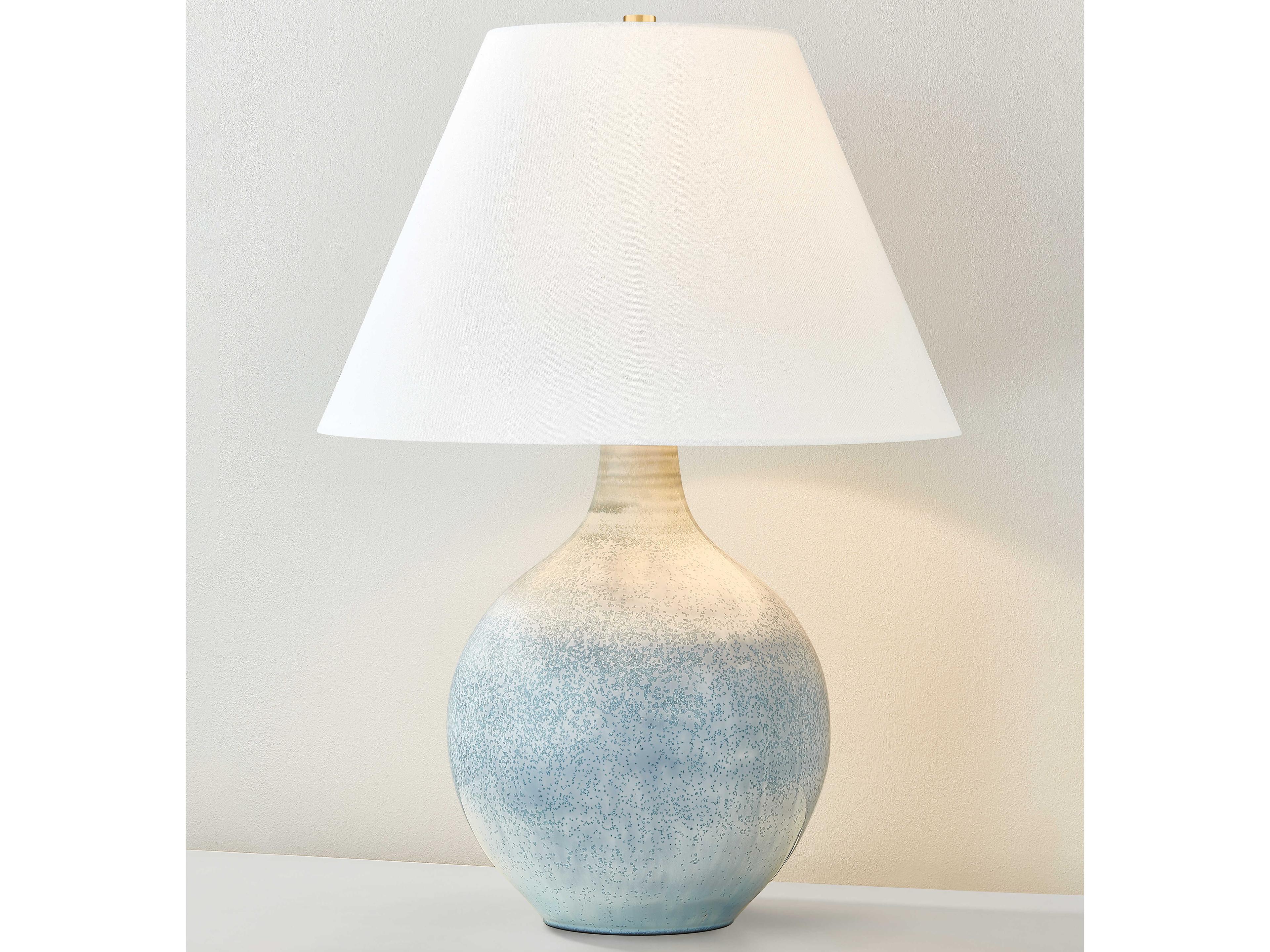 Hudson Valley Kearny Aged Brass Ceramic Reactive Seaglass White Linen Green Buffet Lamp