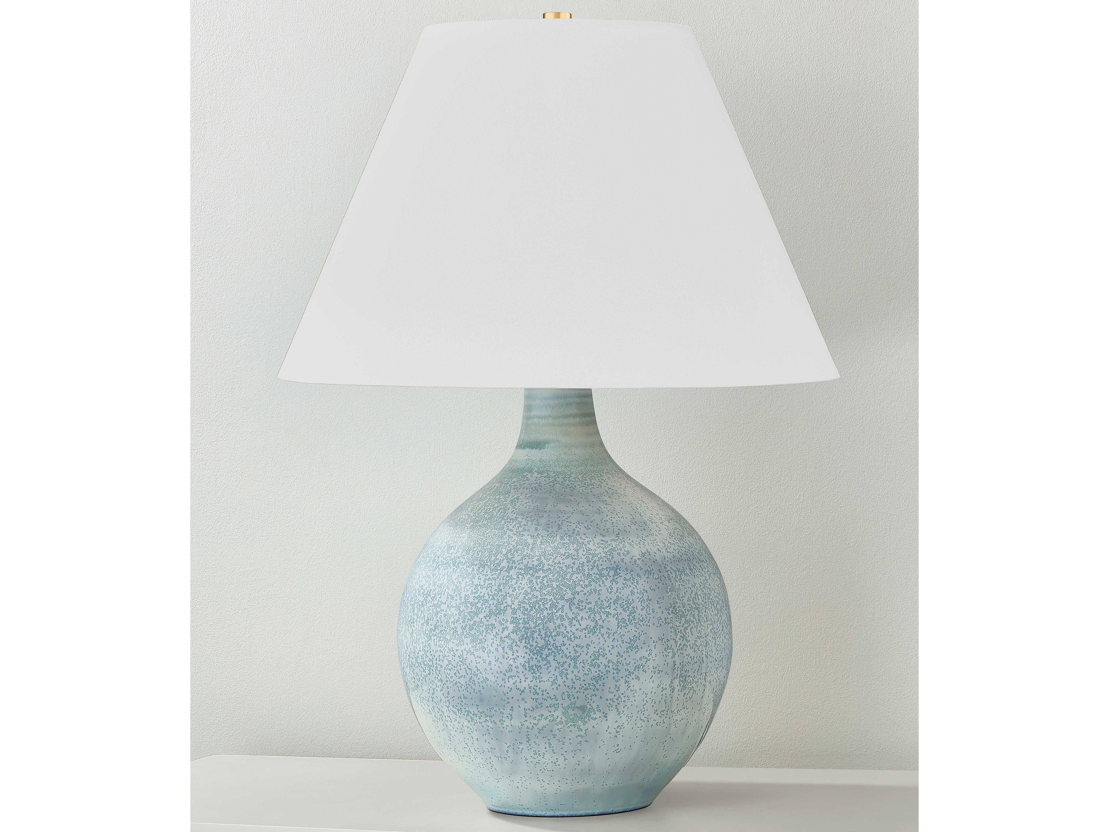 Hudson Valley Kearny Aged Brass Ceramic Reactive Seaglass White Linen Green Buffet Lamp