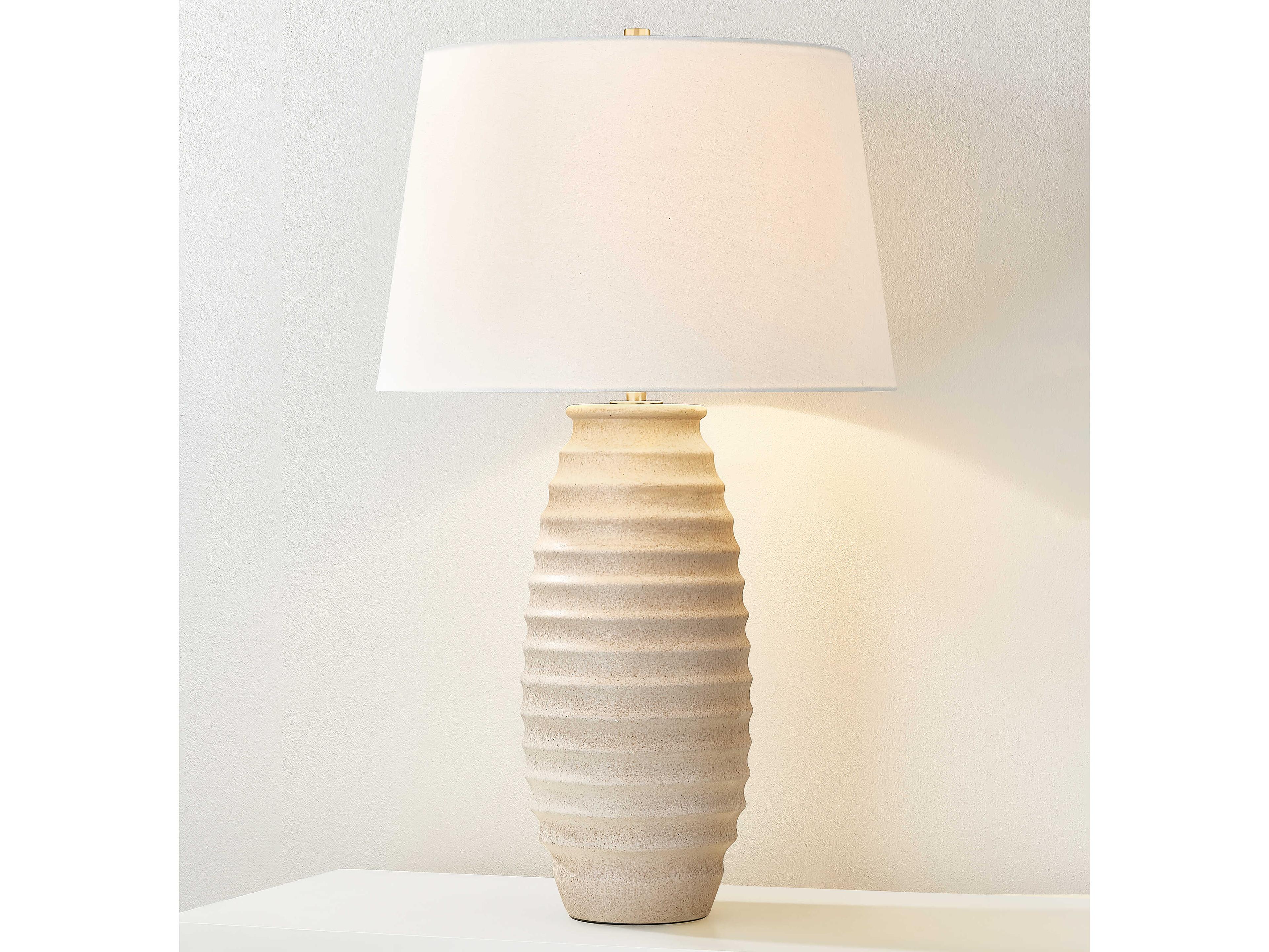 Hudson Valley Haddam Aged Brass Ceramic Textured Fawn White Linen Brown Buffet Lamp