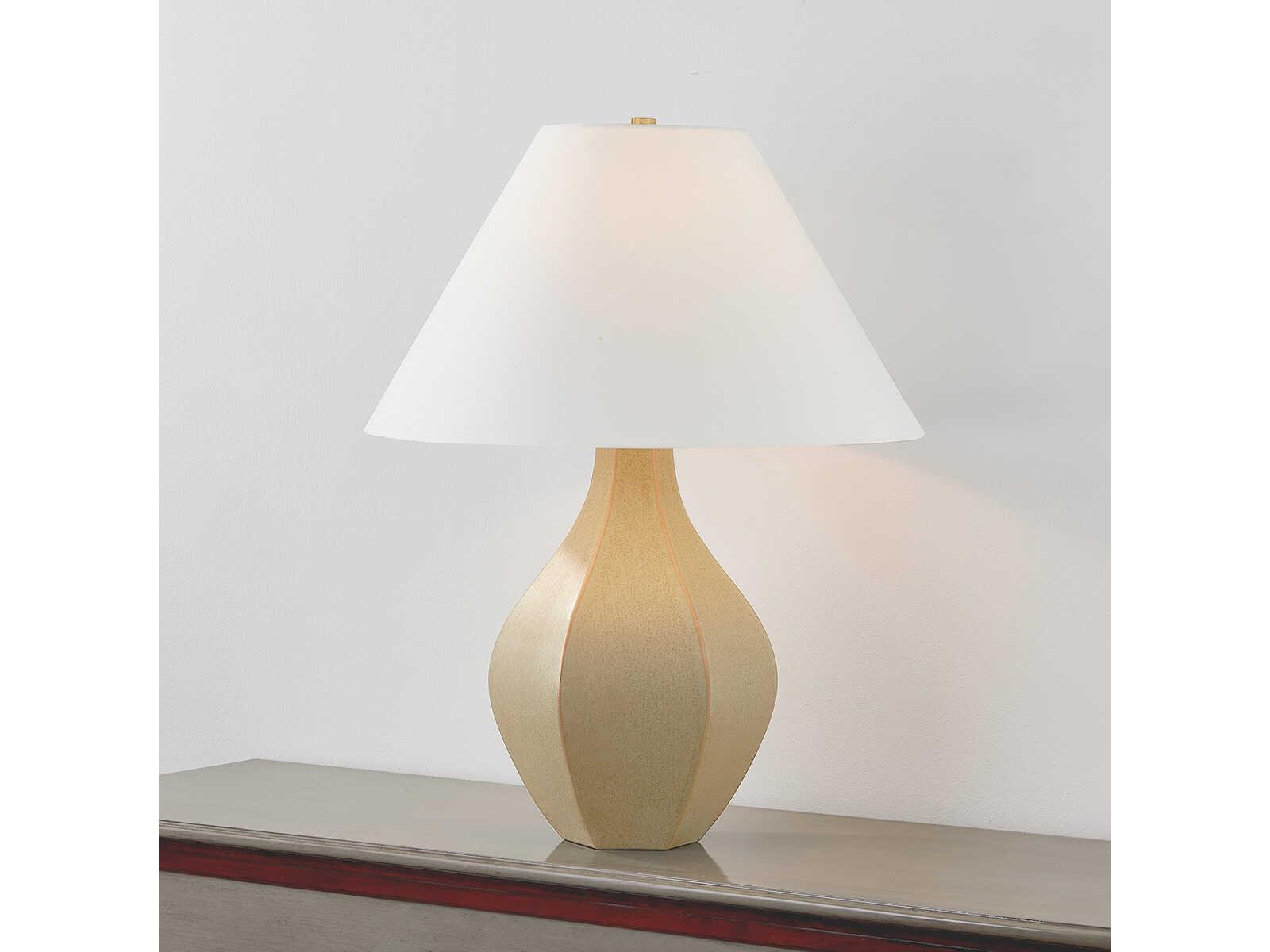 Hudson Valley Abescon Aged Brass Ceramic Cocoon White Linen Brown Buffet Lamp