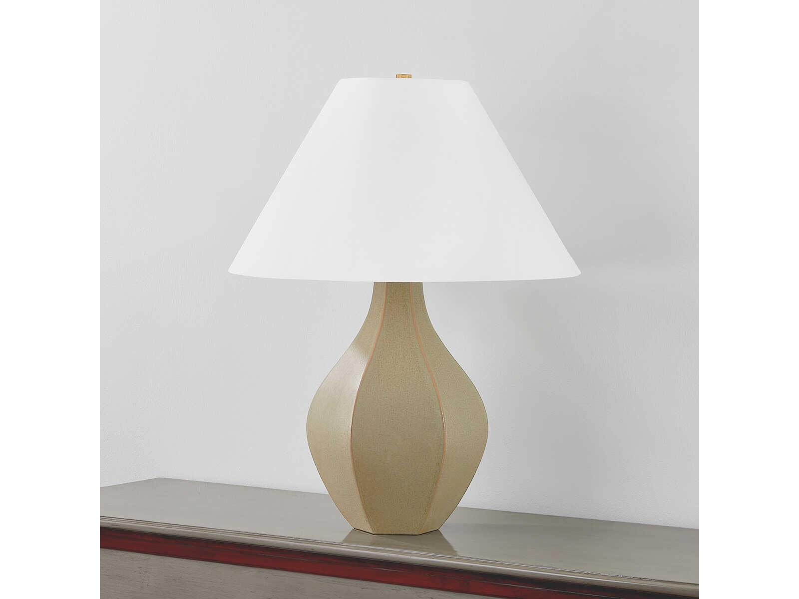 Hudson Valley Abescon Aged Brass Ceramic Cocoon White Linen Brown Buffet Lamp