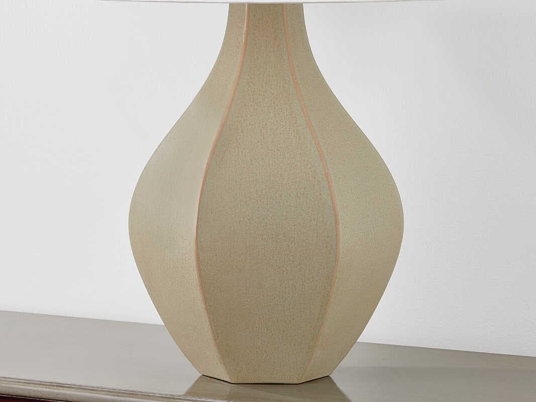 Hudson Valley Abescon Aged Brass Ceramic Cocoon White Linen Brown Buffet Lamp