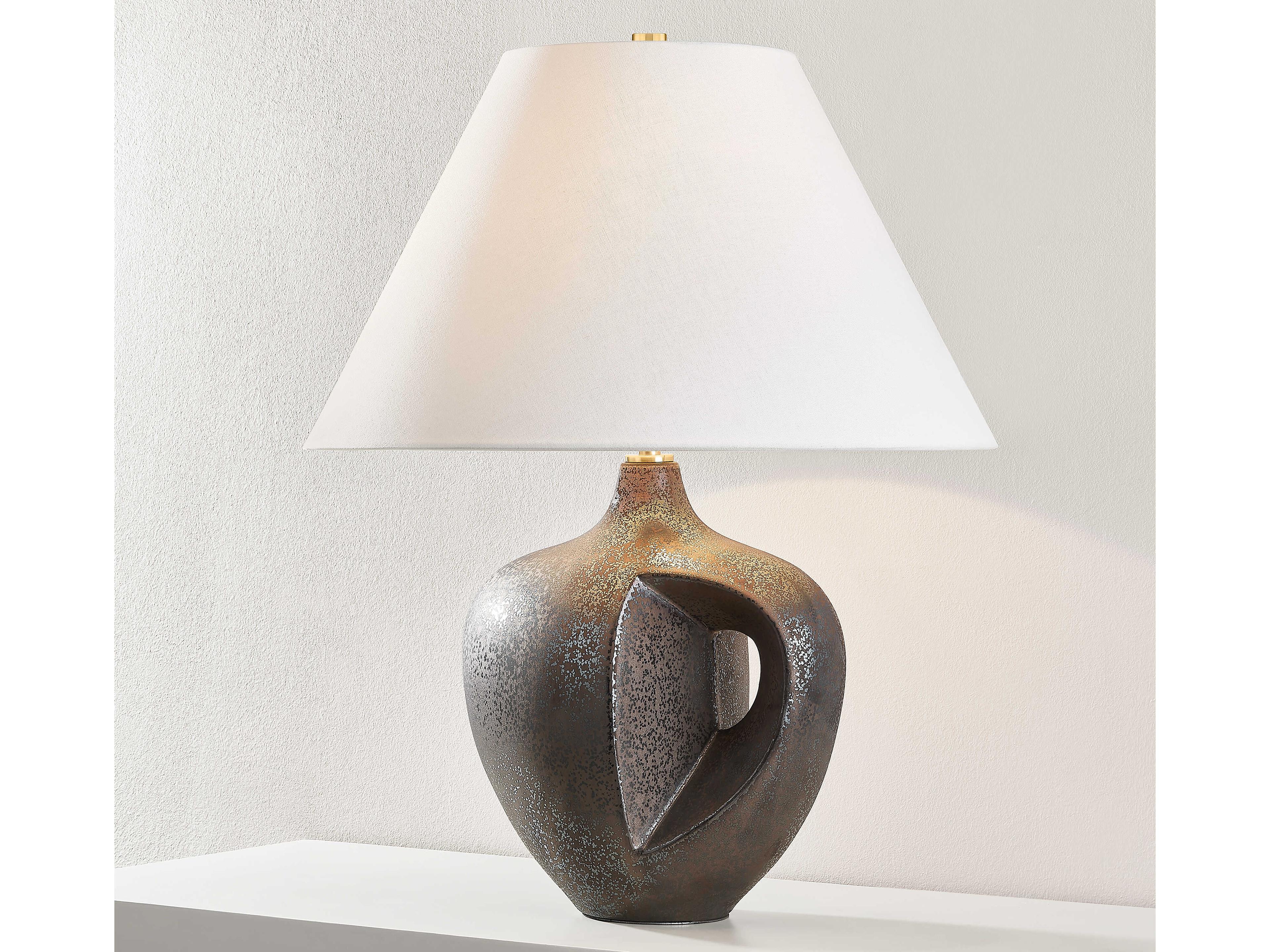Hudson Valley Avenel Aged Brass Ceramic Reactive Bronze White Linen Table Lamp