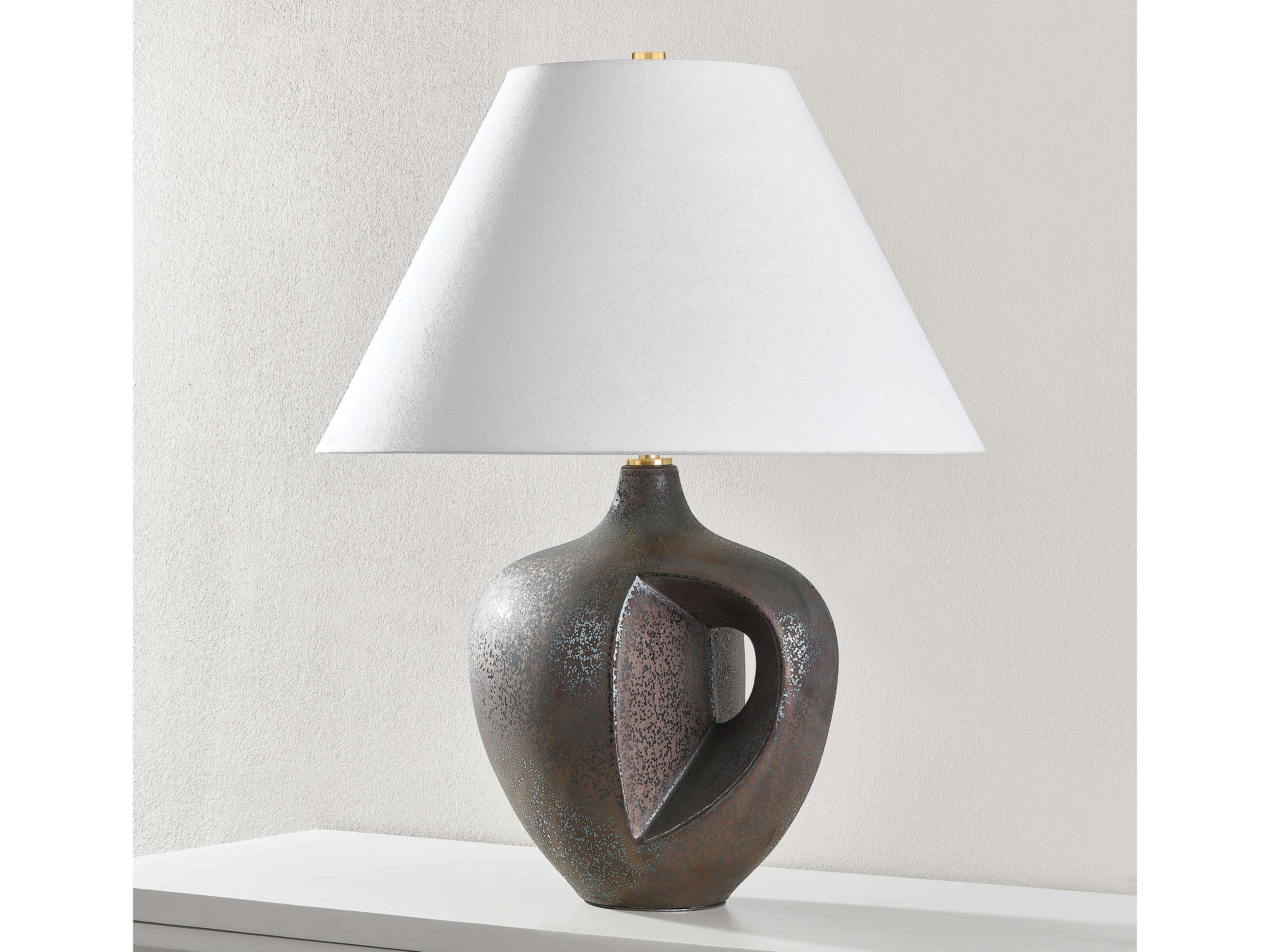 Hudson Valley Avenel Aged Brass Ceramic Reactive Bronze White Linen Table Lamp