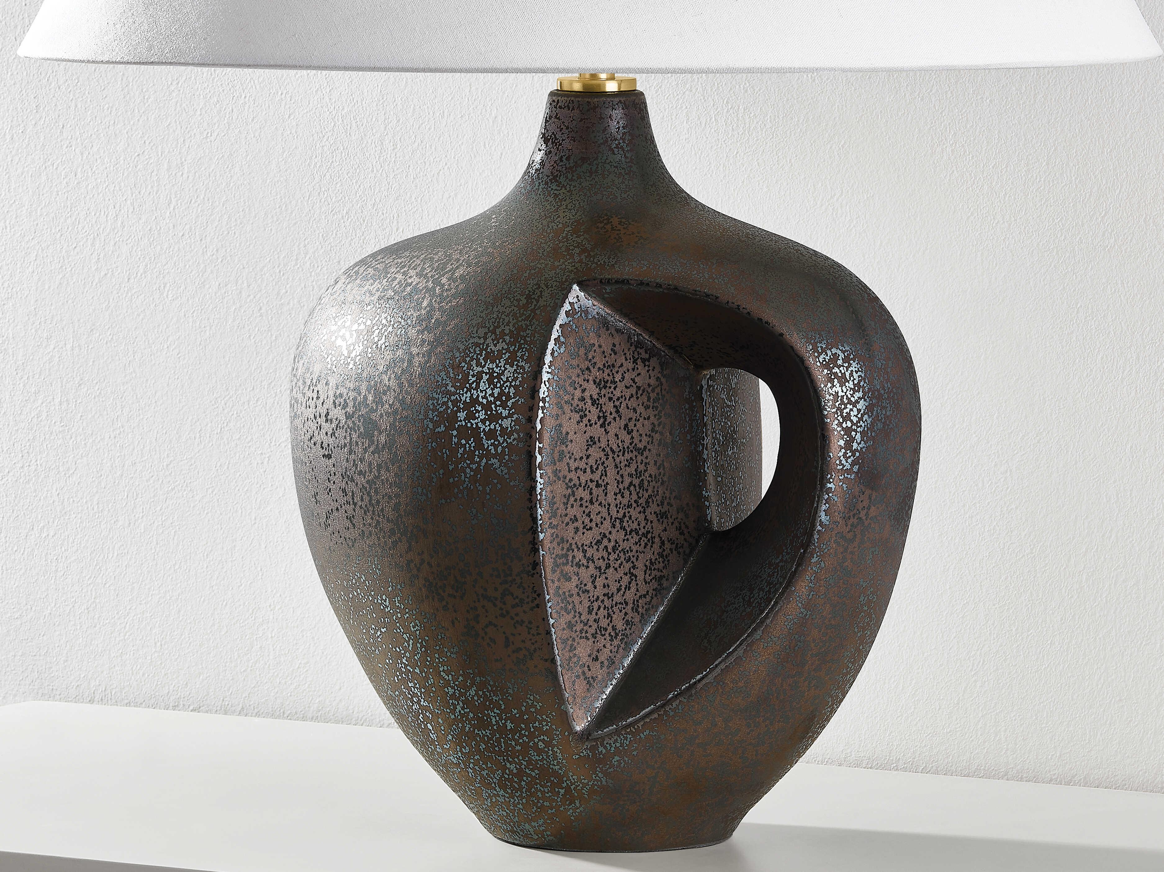 Hudson Valley Avenel Aged Brass Ceramic Reactive Bronze White Linen Table Lamp