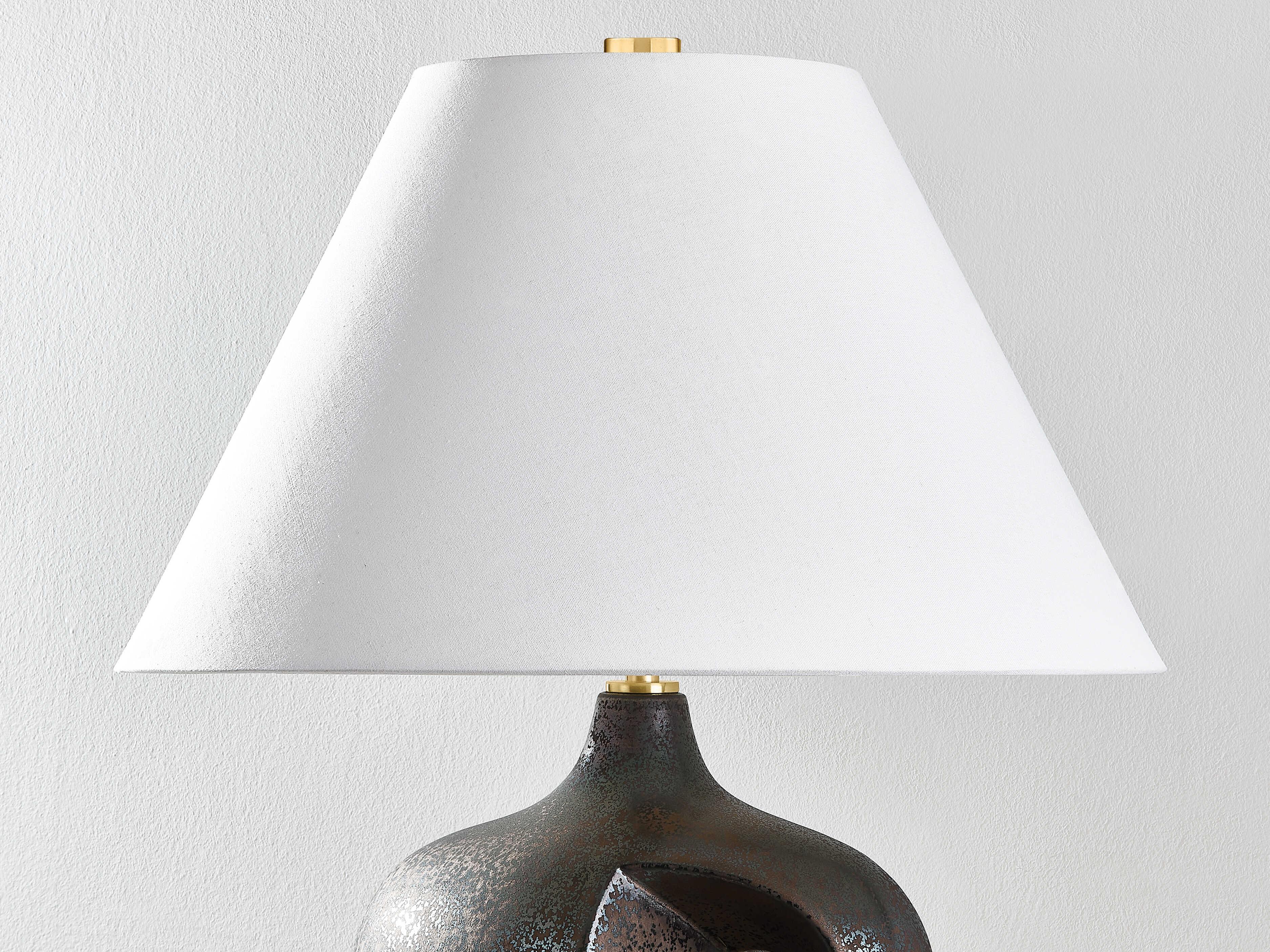 Hudson Valley Avenel Aged Brass Ceramic Reactive Bronze White Linen Table Lamp