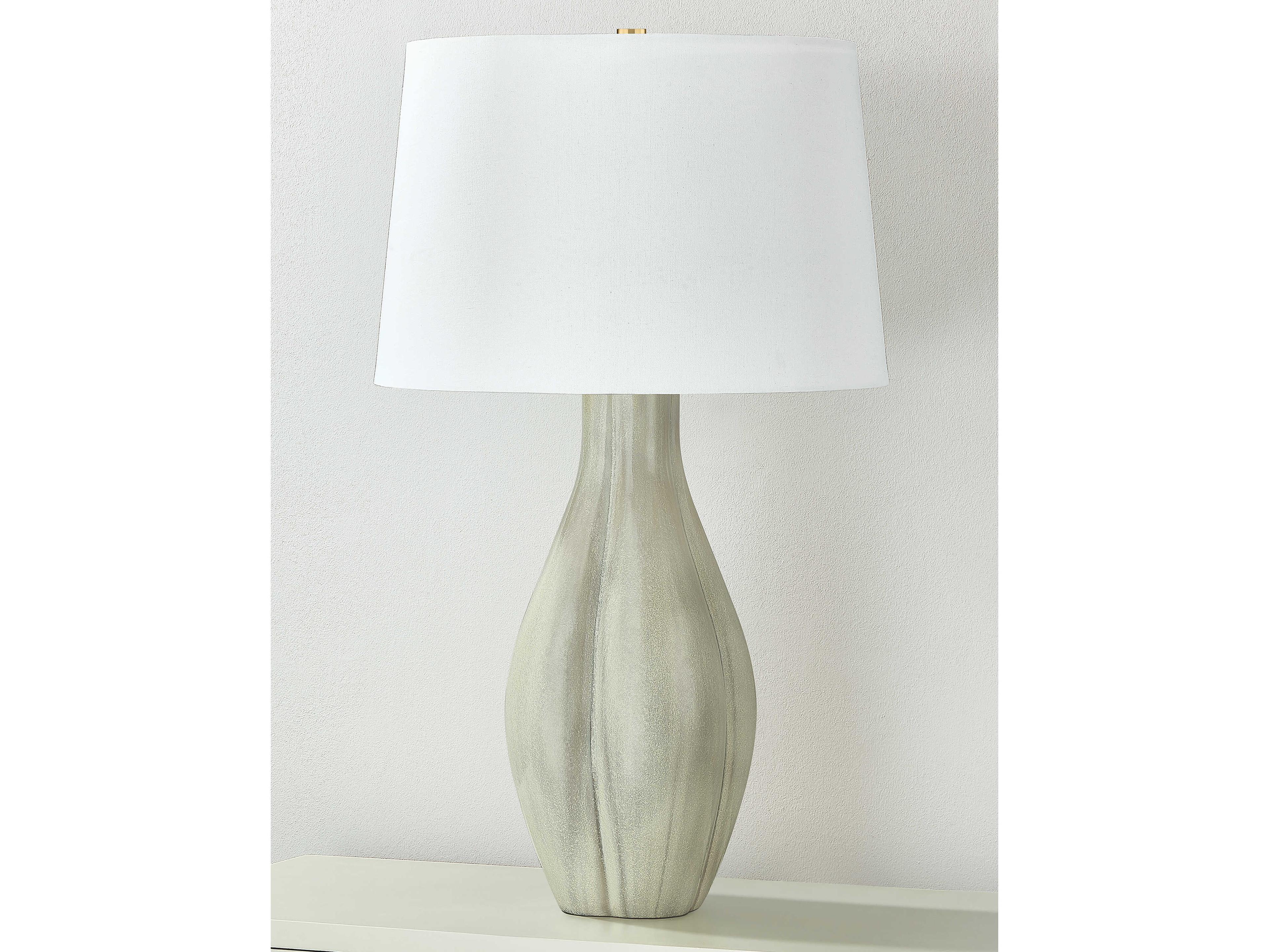 Hudson Valley Galloway Aged Brass Ceramic Coastal Green White Linen Buffet Lamp
