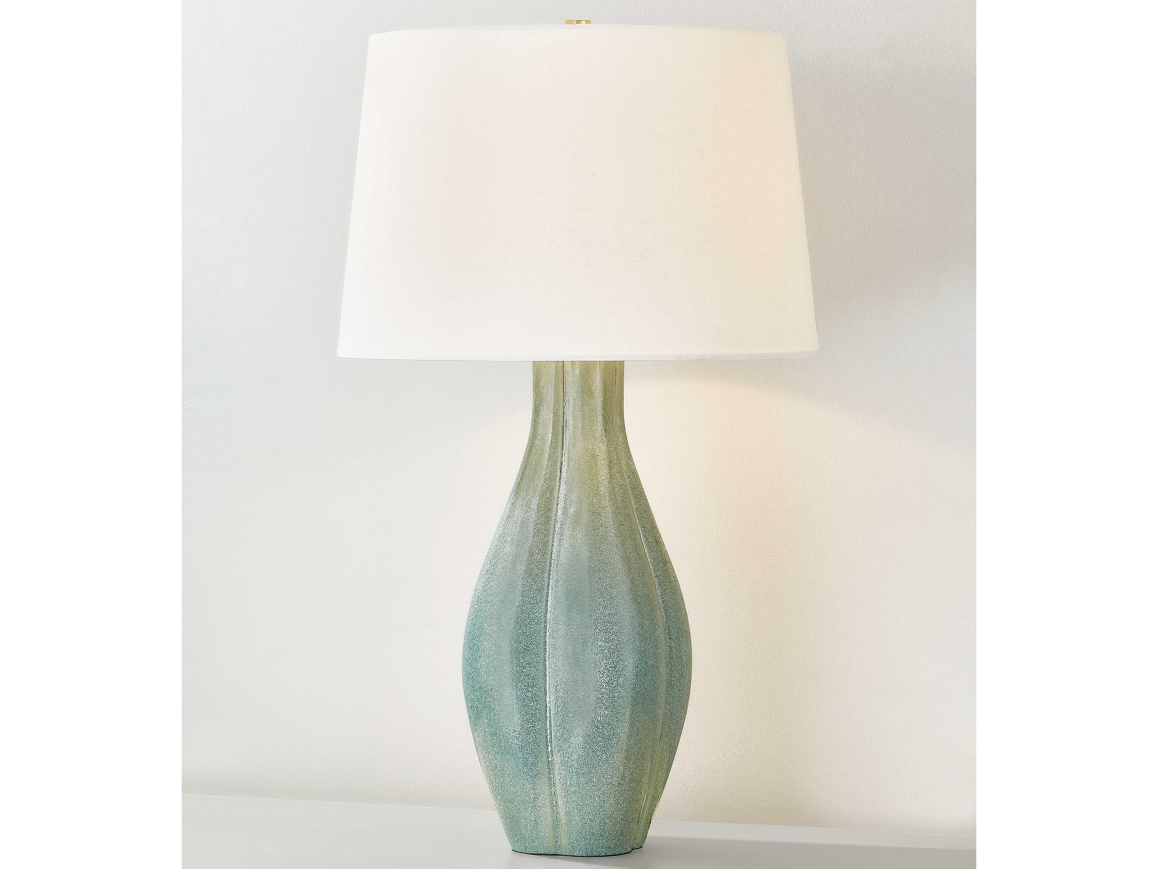 Hudson Valley Galloway Aged Brass Ceramic Moss Ivory White Linen Green Buffet Lamp