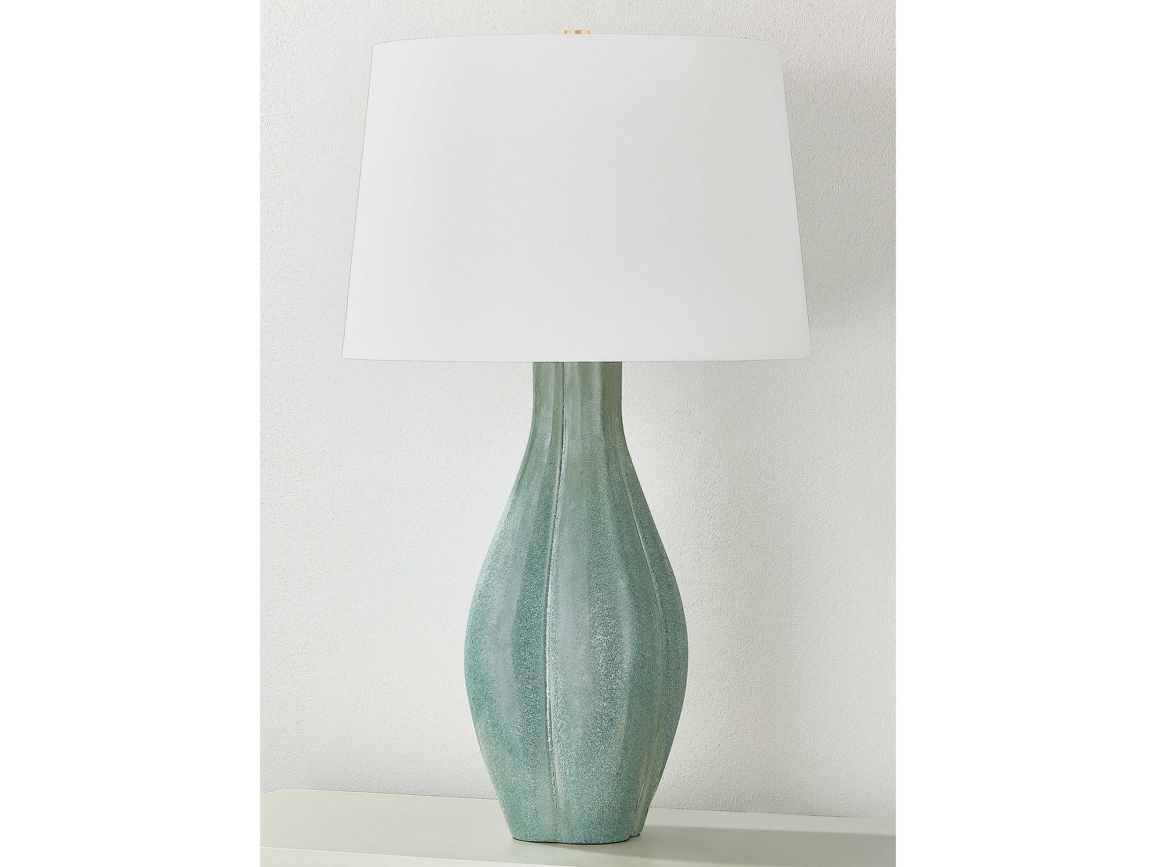 Hudson Valley Galloway Aged Brass Ceramic Moss Ivory White Linen Green Buffet Lamp