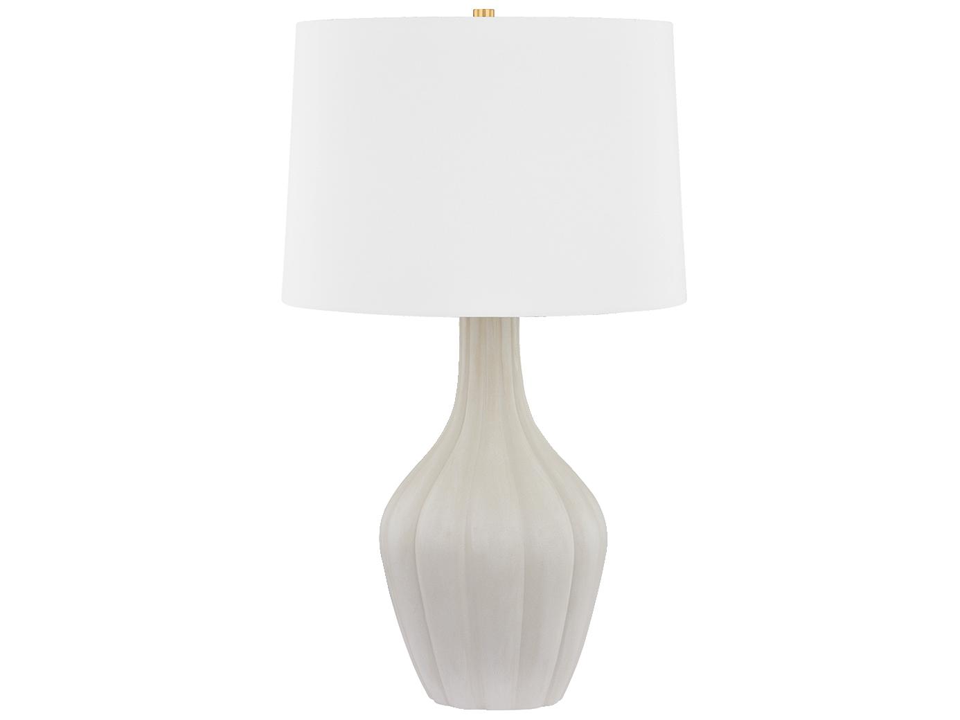Hudson Valley Glendora Aged Brass Ceramic Misty Morning White Linen Gray Buffet Lamp