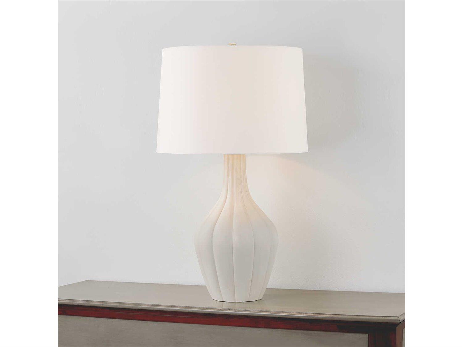 Hudson Valley Glendora Aged Brass Ceramic Misty Morning White Linen Gray Buffet Lamp