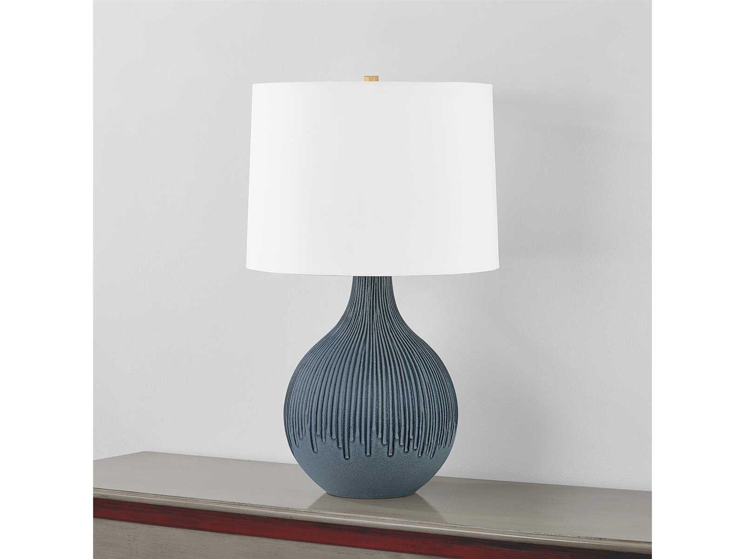 Hudson Valley Nepperhand Aged Brass Ceramic Providence Blue White Linen Buffet Lamp