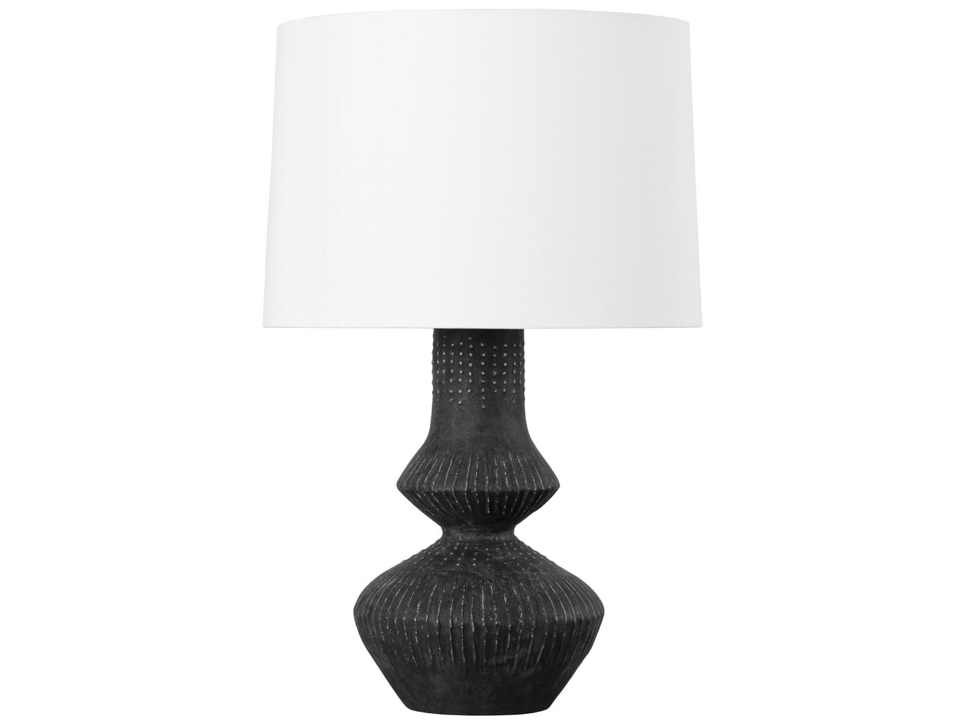 Hudson Valley Ancram Vintage Gold Leaf Ceramic Totem Black White Linen Buffet Lamp